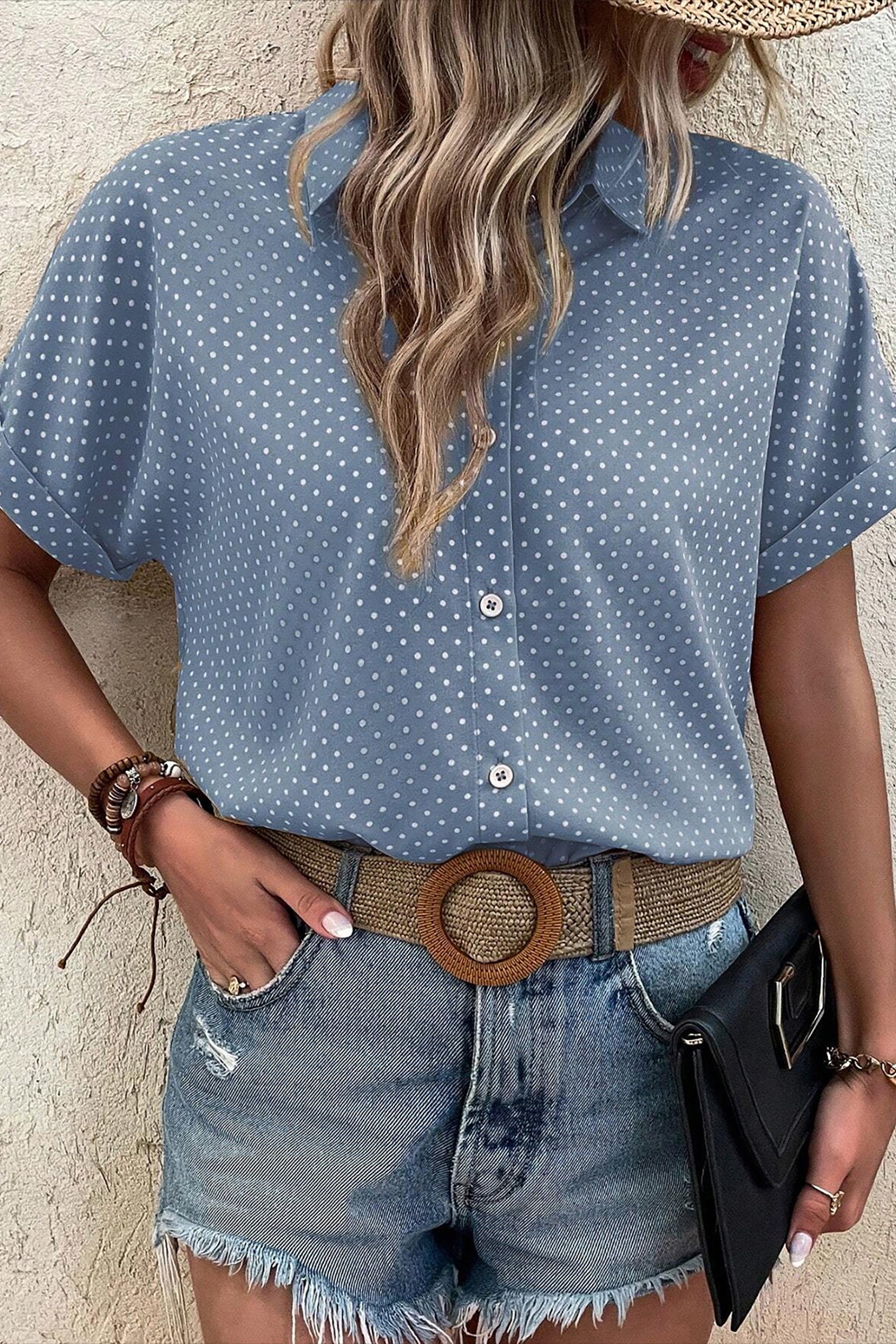 Dotted Print Cuffed Short Sleeve Shirt