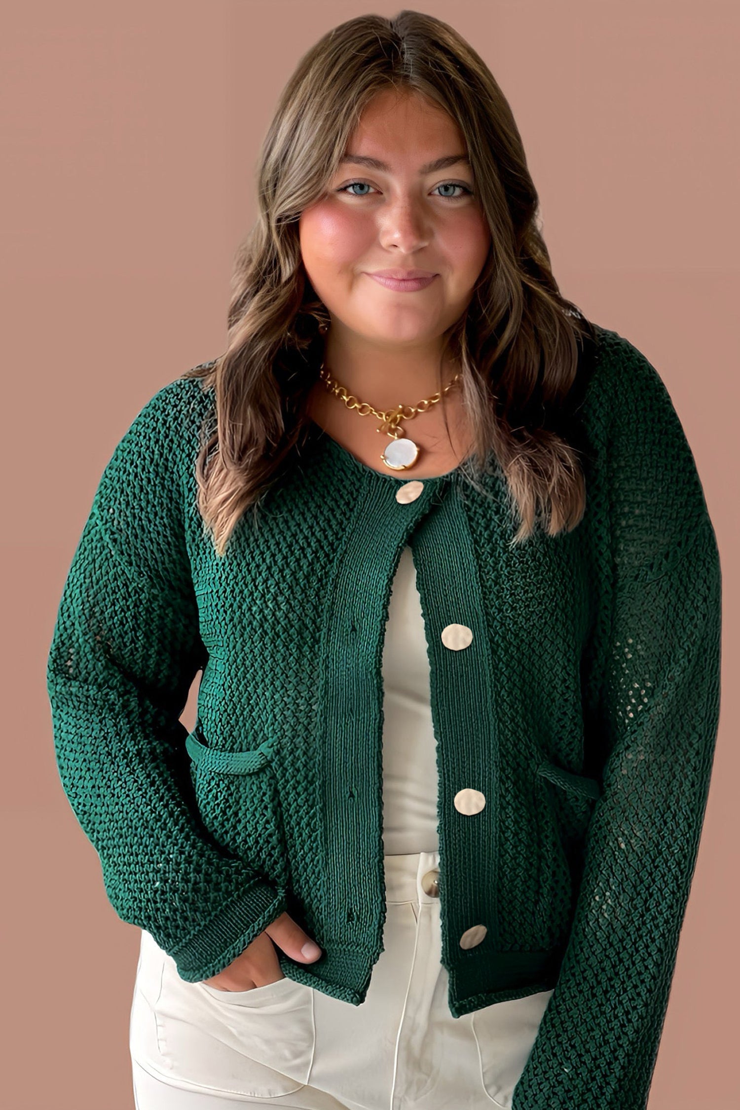 Plus Size Golden Accent Buttons Short Sweater Cardigan - eAura