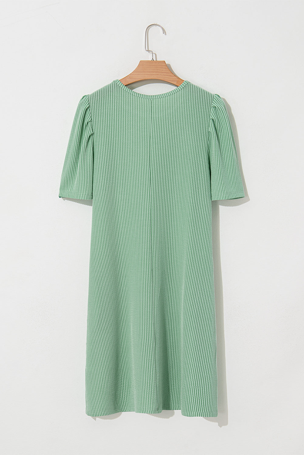 Mint Green Ribbed Knit Crew Neck Puff Sleeve Shift Mini Dress eAura
