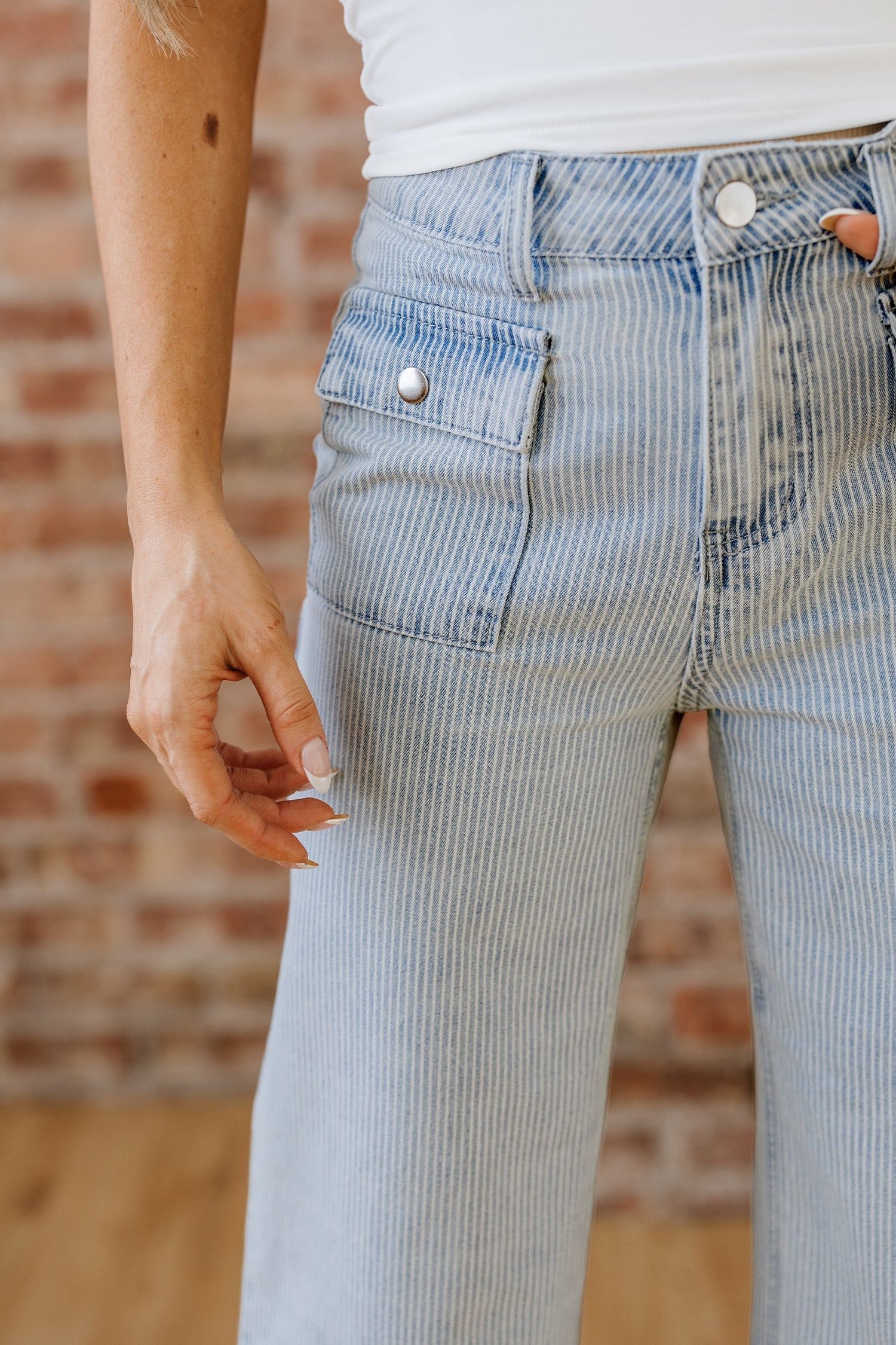 Stripe Button Flap Pocket Cuffed Hem Wide Leg Jeans - Bottoms/Jeans/WideLeg