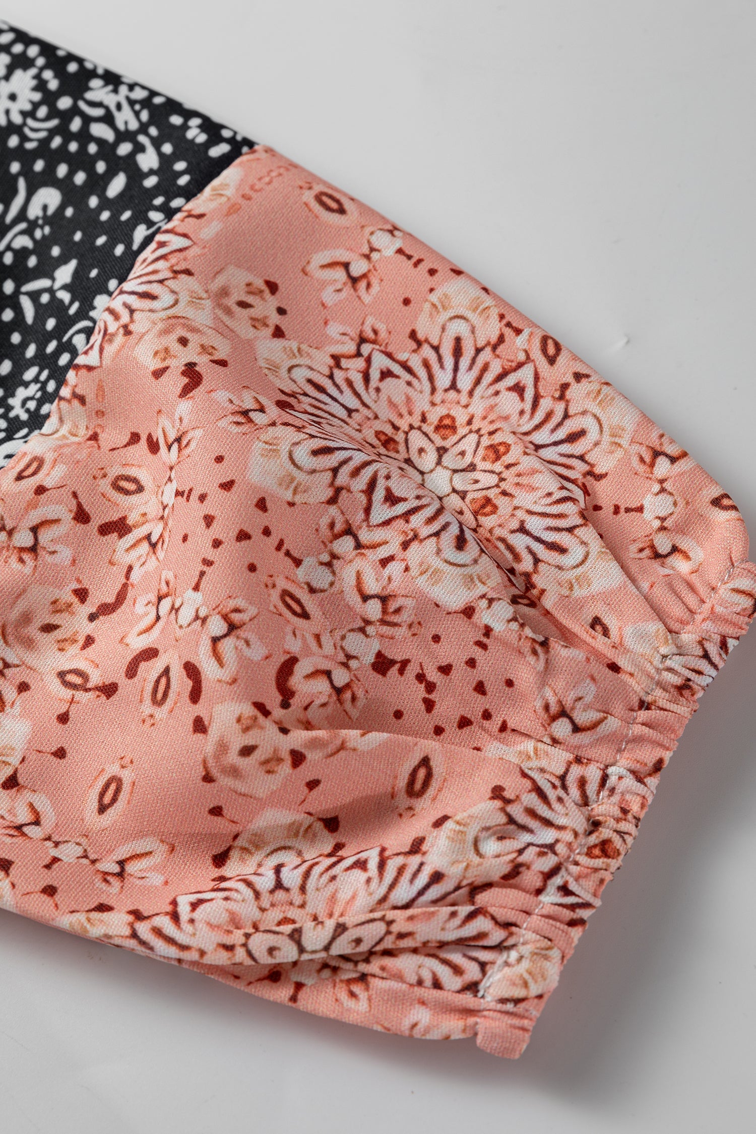 Floral Patchwork Textured Knit Drawstring V Neck Blouse - eAura