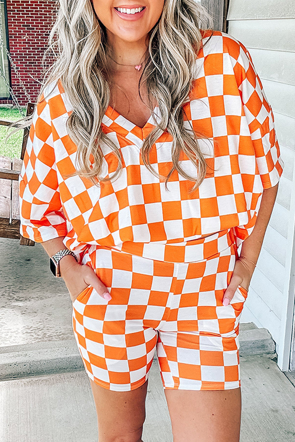 Checkerboard Print V Neck Loose Tee and Shorts Lounge Set eAura