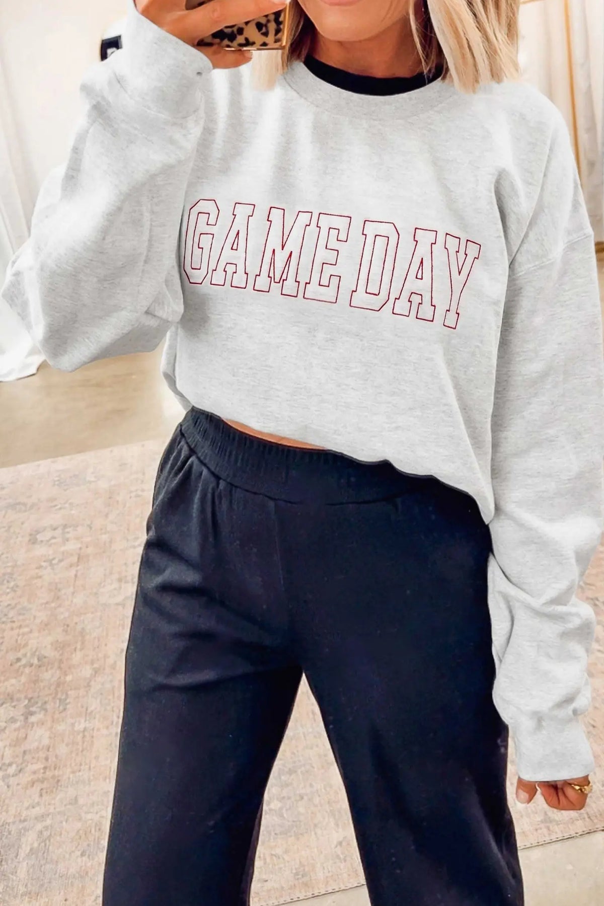 Game Day Letter Embroidery Long Sleeve Round Neck Sweatshirt – Light Grey