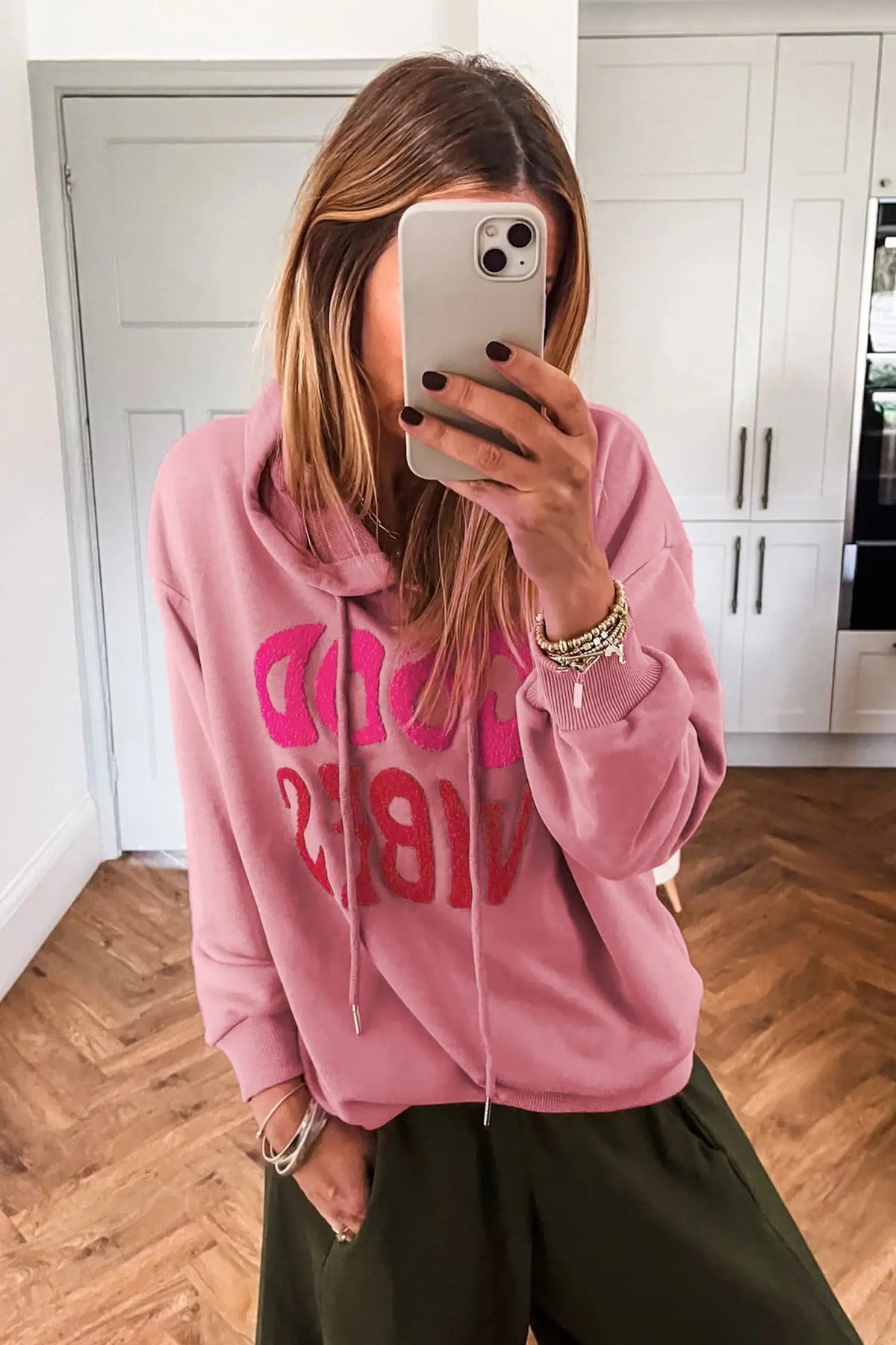 Casual Hoodie Chenille Letter Graphic Good Vibes
