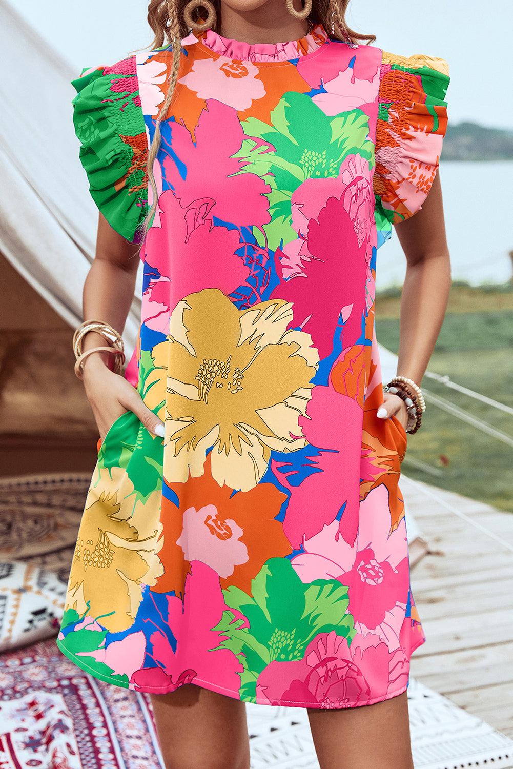 Blue Bold Floral Flutter Sleeve Shift Mini Dress with Pockets eAura