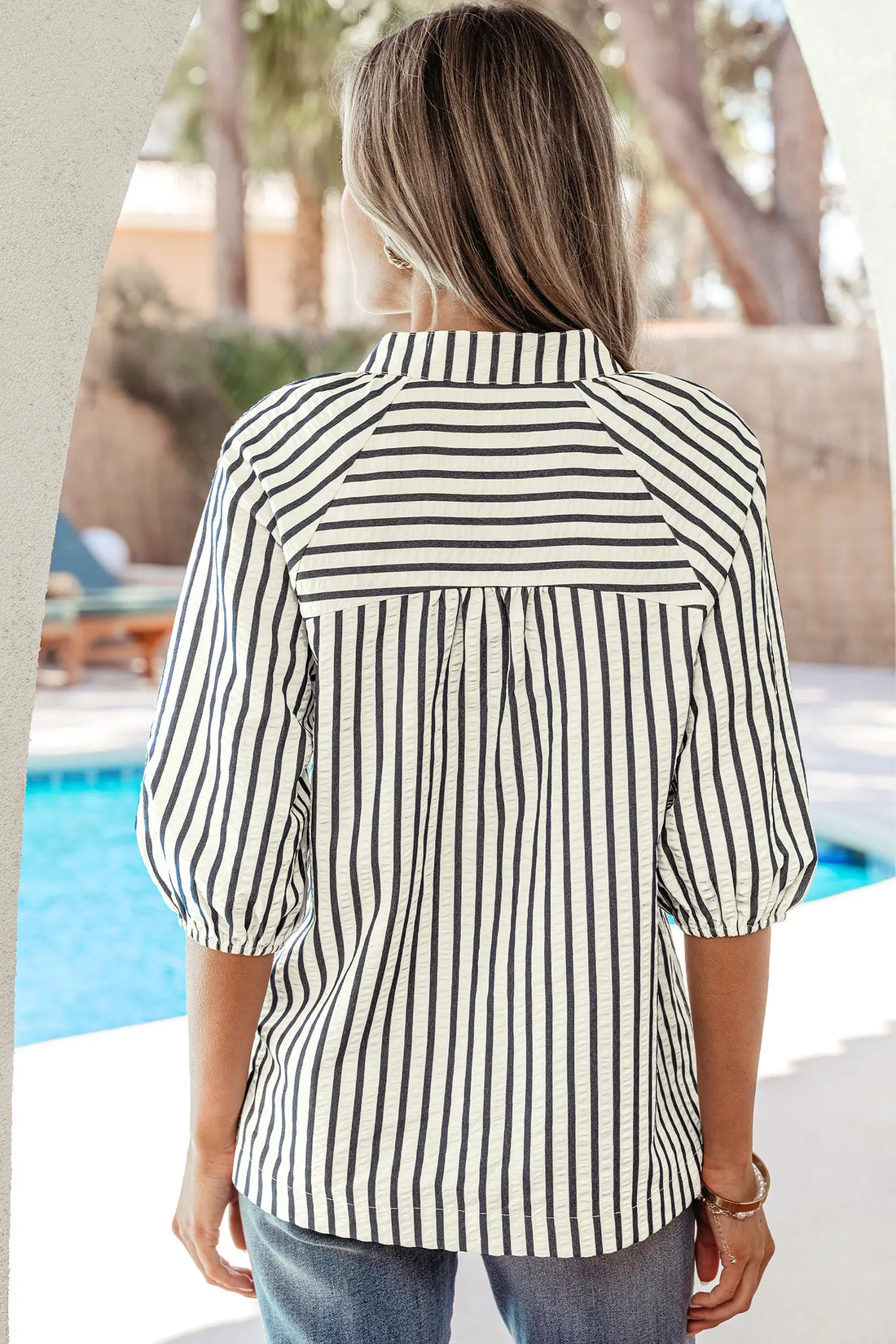 Stripe Floral Embroidered Detail V-Neck Short Sleeve Blouse