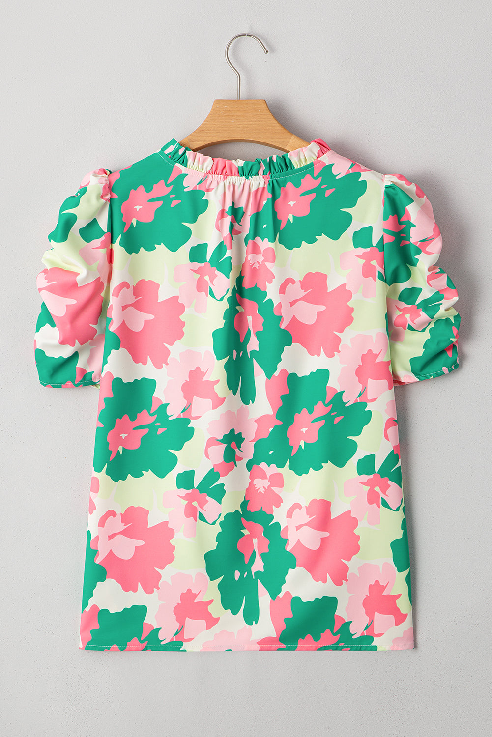 Green Abstract Print Frilly Neck Ruched Short Sleeve Blouse eAura