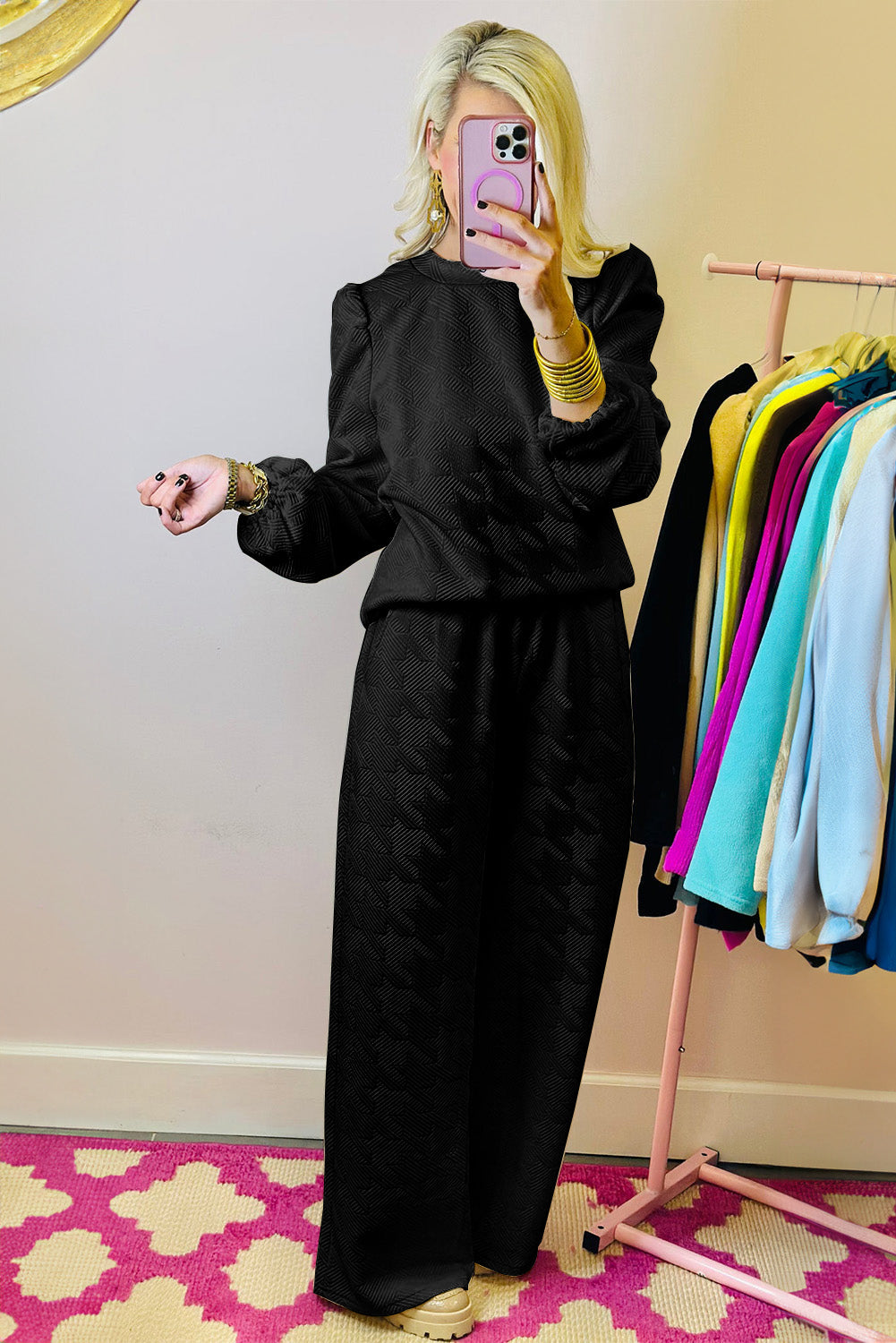 Black Textured Puff Sleeve Top and Trousers Set eAura