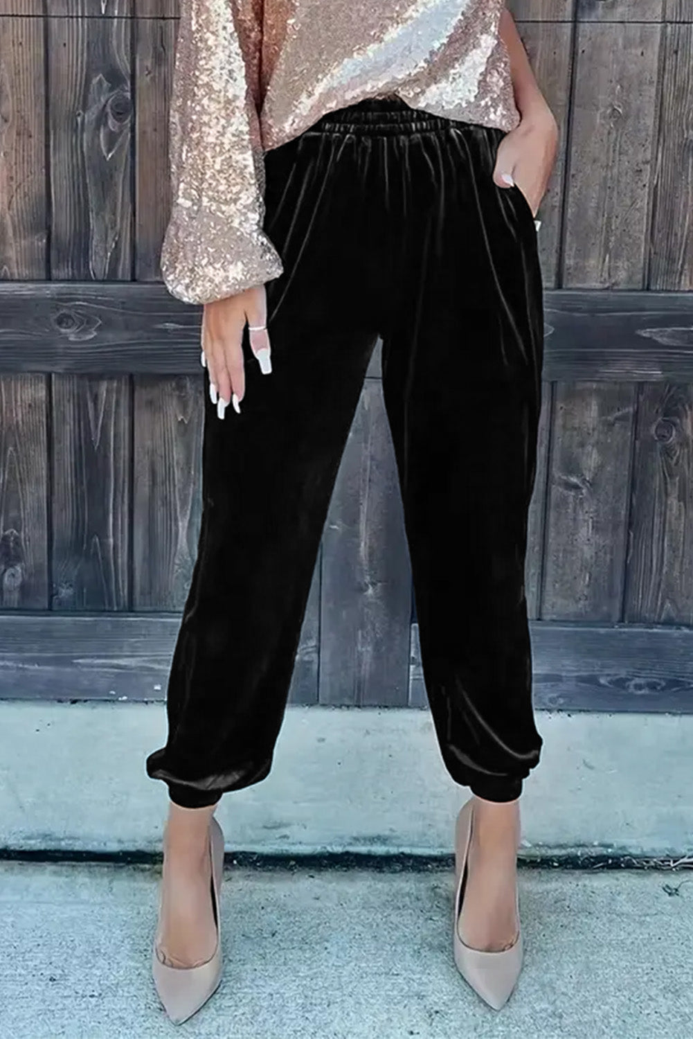 Black Solid Velvet Jogger Trousers eAura