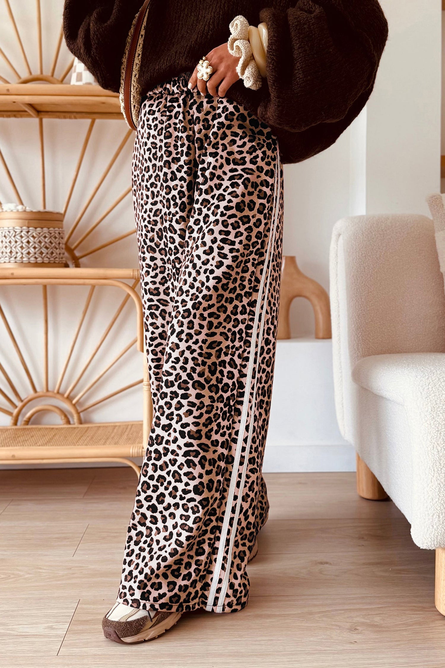 Leopard Print Side Striped Detail Casual Wide Leg Pants – Beige