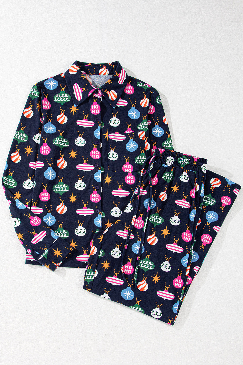 Navy Christmas Lights Print Shirt Pyjama Set eAura