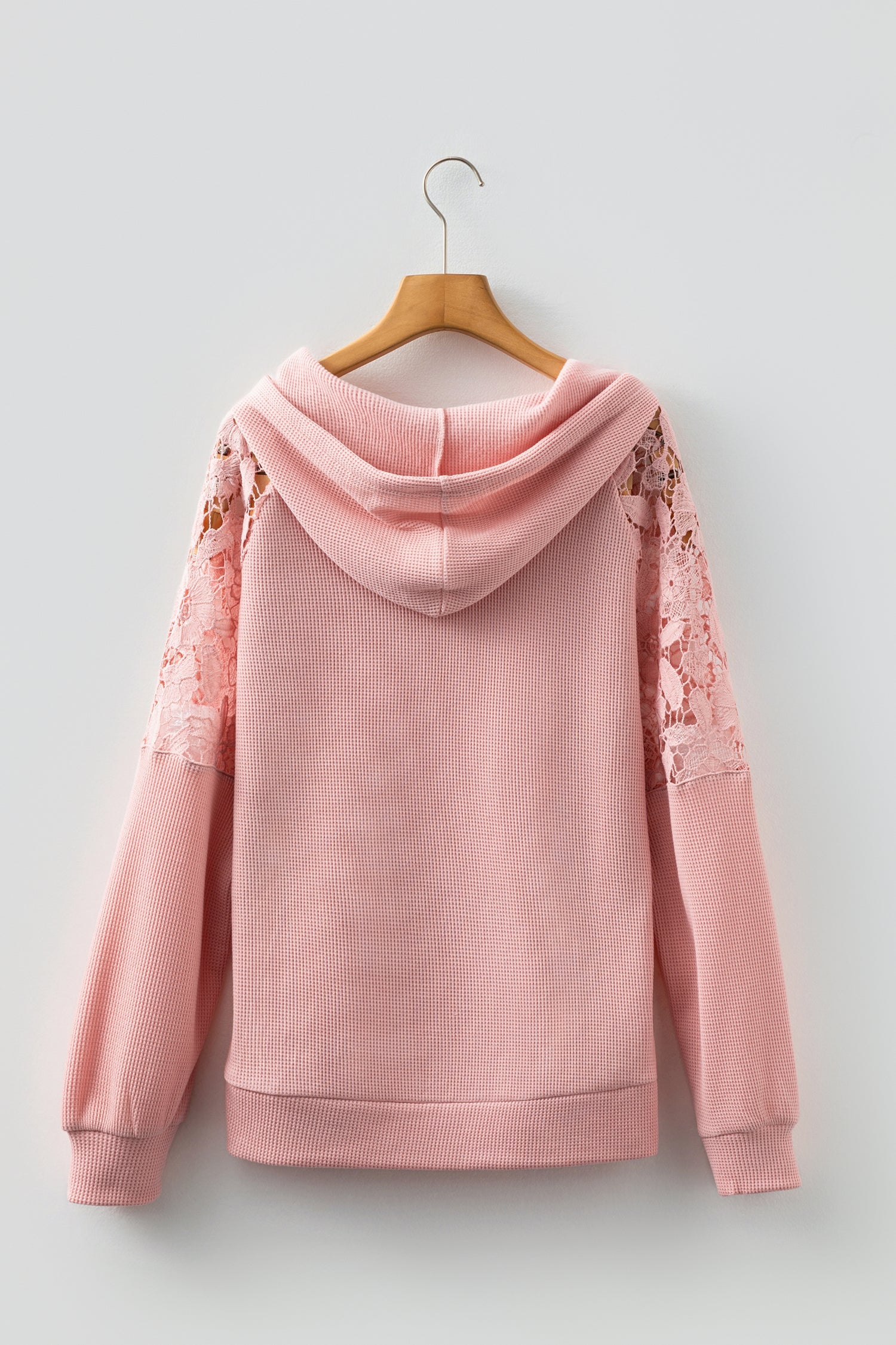 Lace Patchwork Raglan Sleeve Kangaroo Pocket Waffle Hoodie - Tops/Sweatshirts & Hoodies