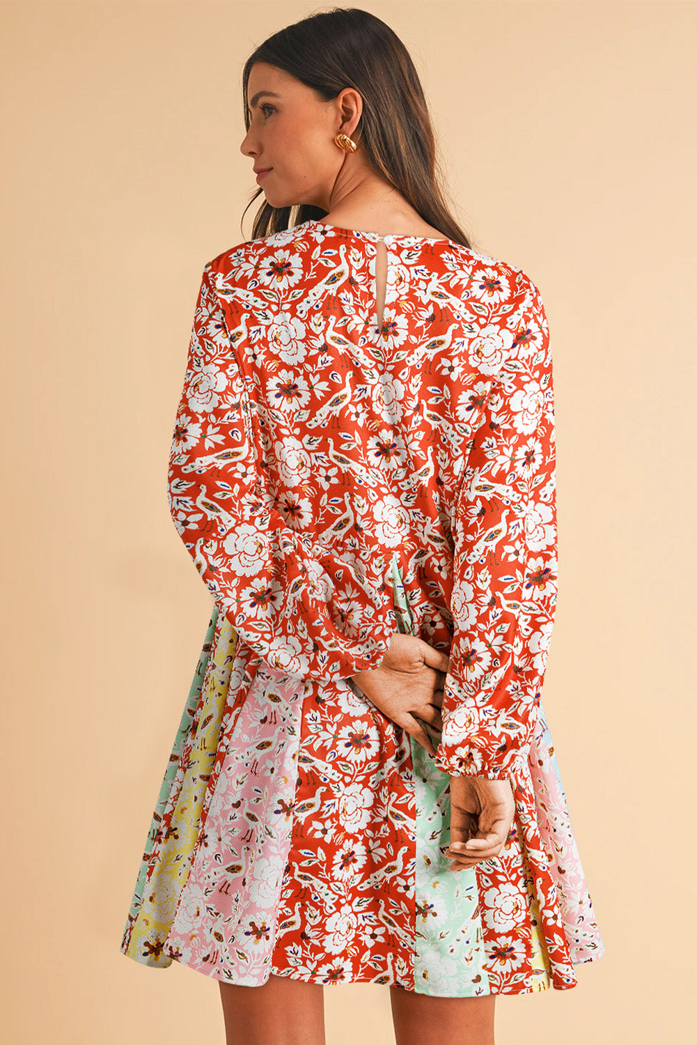 Red Colorful Floral Patchwork Long Sleeve Pleated Mini Dress BB Fashion Outlet