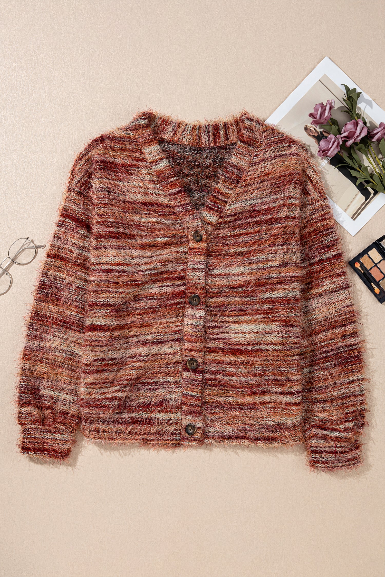 Fuzzy Striped Button Front Cardigan Sweater – Tawny