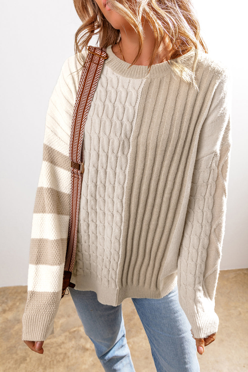 Khaki Cable Knit Colourblock Crew Neck Drop Shoulder Sweater eAura