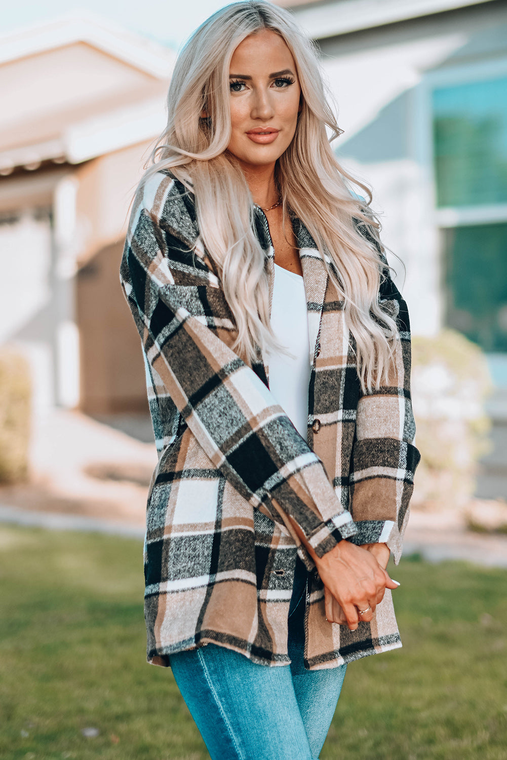 Plaid Print Buttoned Shirt Jacket Beagle Boutique Fashion Outlet