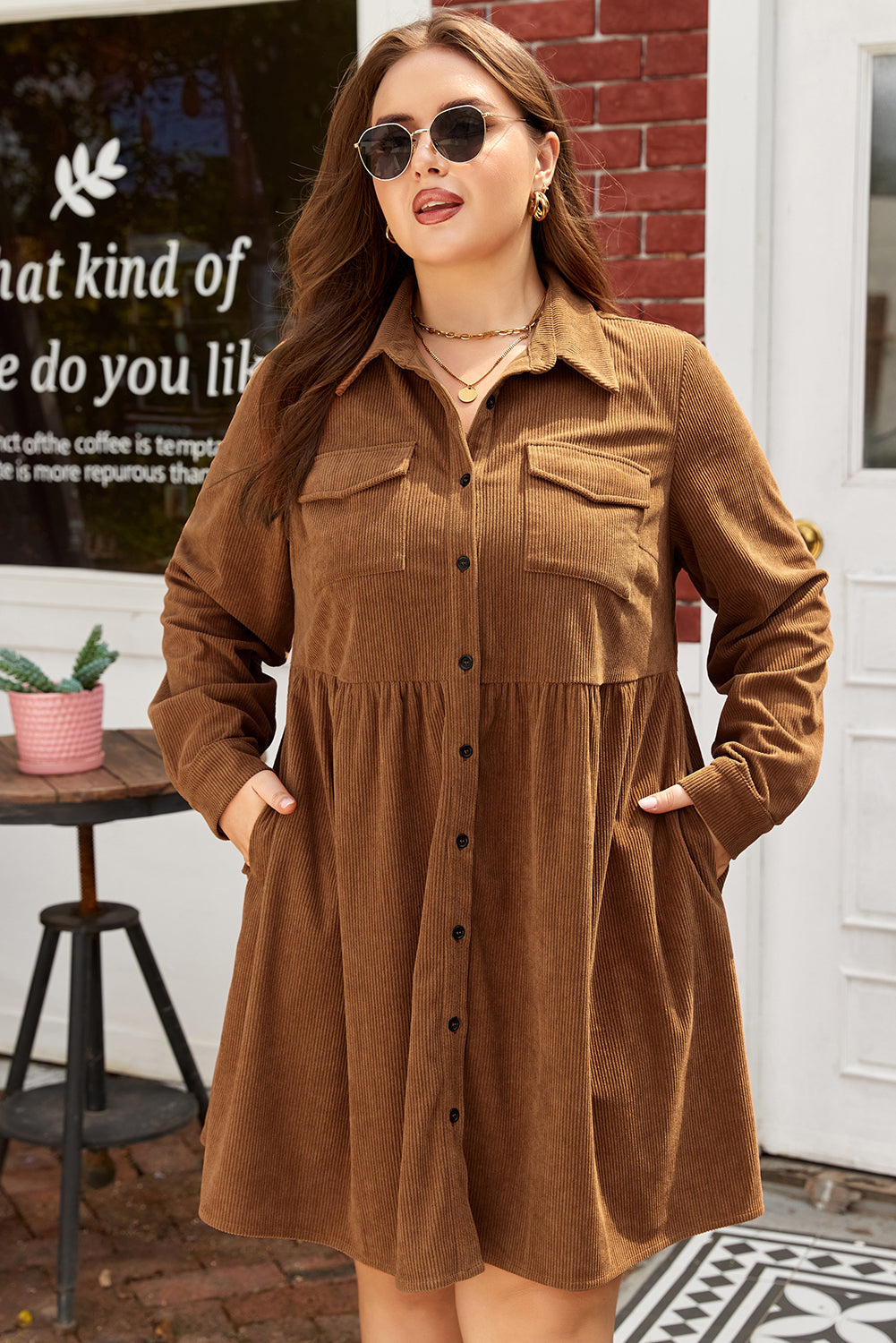 Soft Corduroy Full Buttoned Collared Shirt Dress Plus Size - eAura