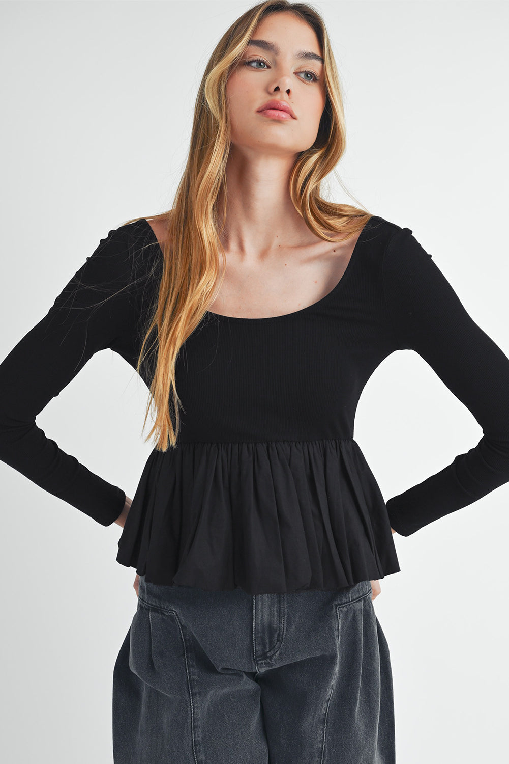 Black Ribbed Knit Long Sleeve Scoop Neck Peplum Patchwork Top BB Fashion Outlet