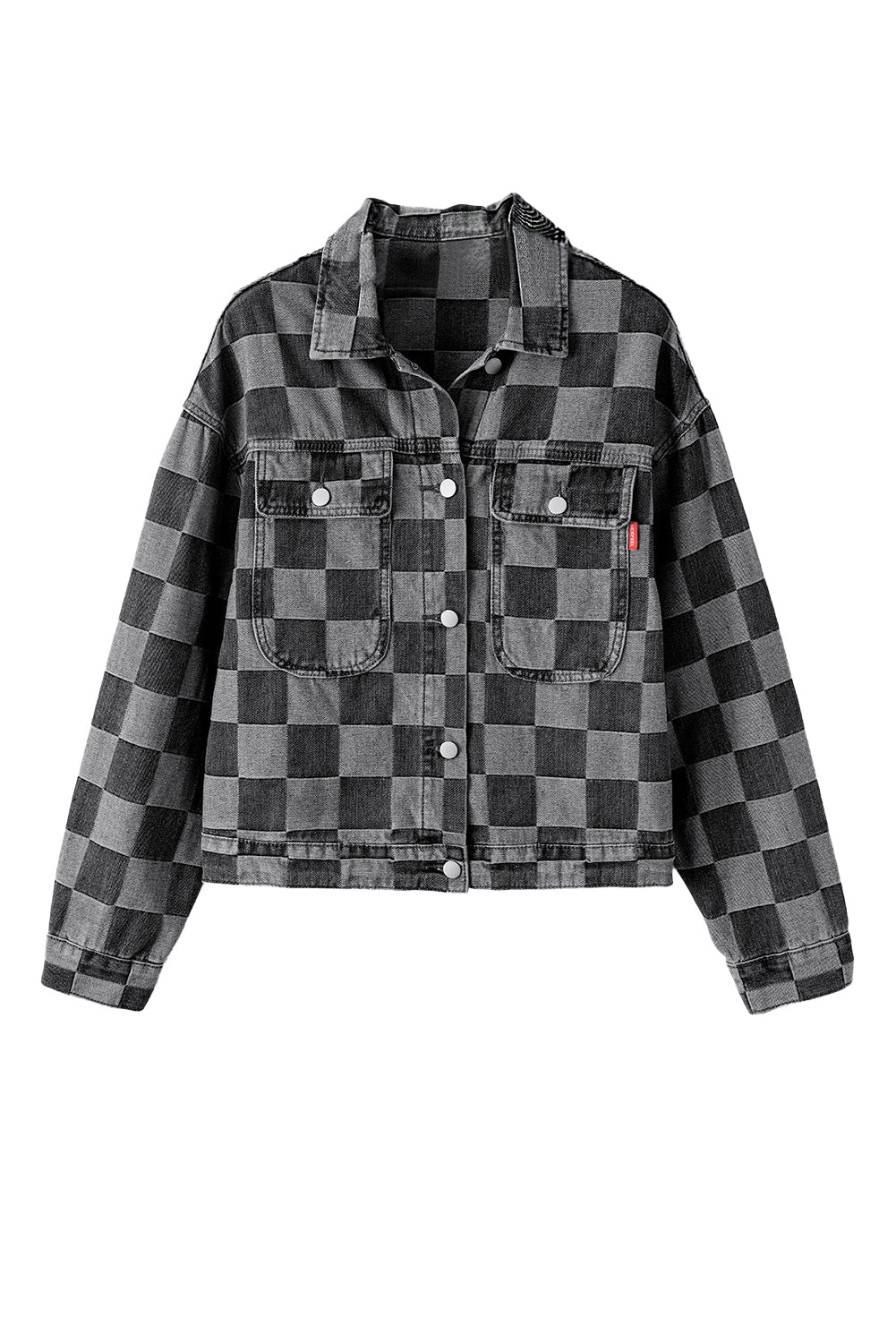 Light Blue Checkered Patchwork Button up Denim Jacket Beagle Boutique Fashion Outlet
