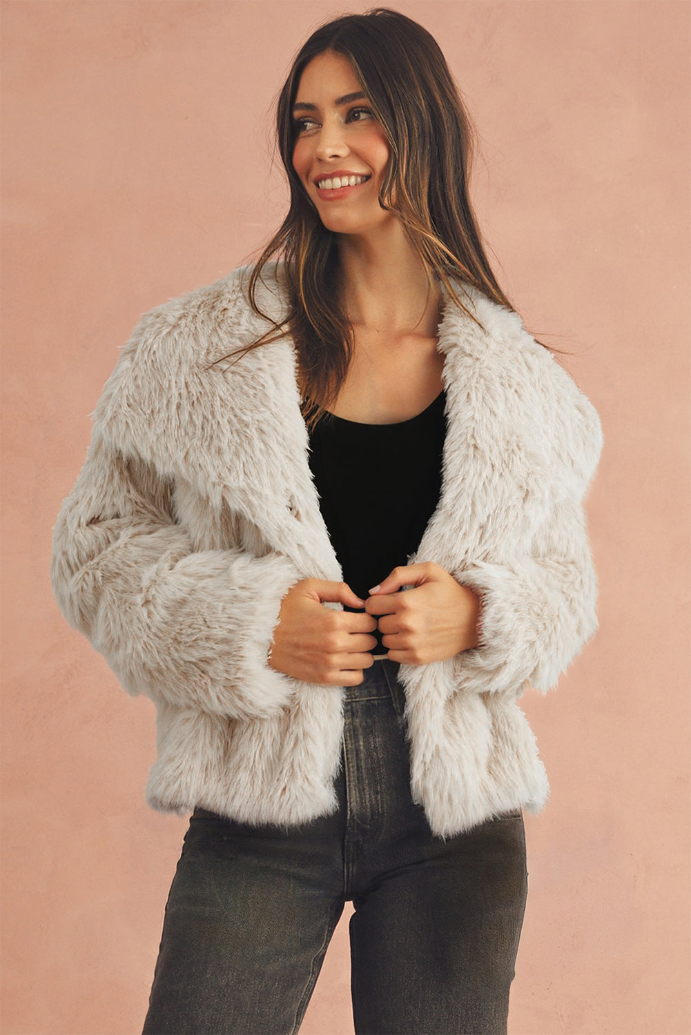 Cream Long Sleeve Thick Faux Fur Coat - eAura