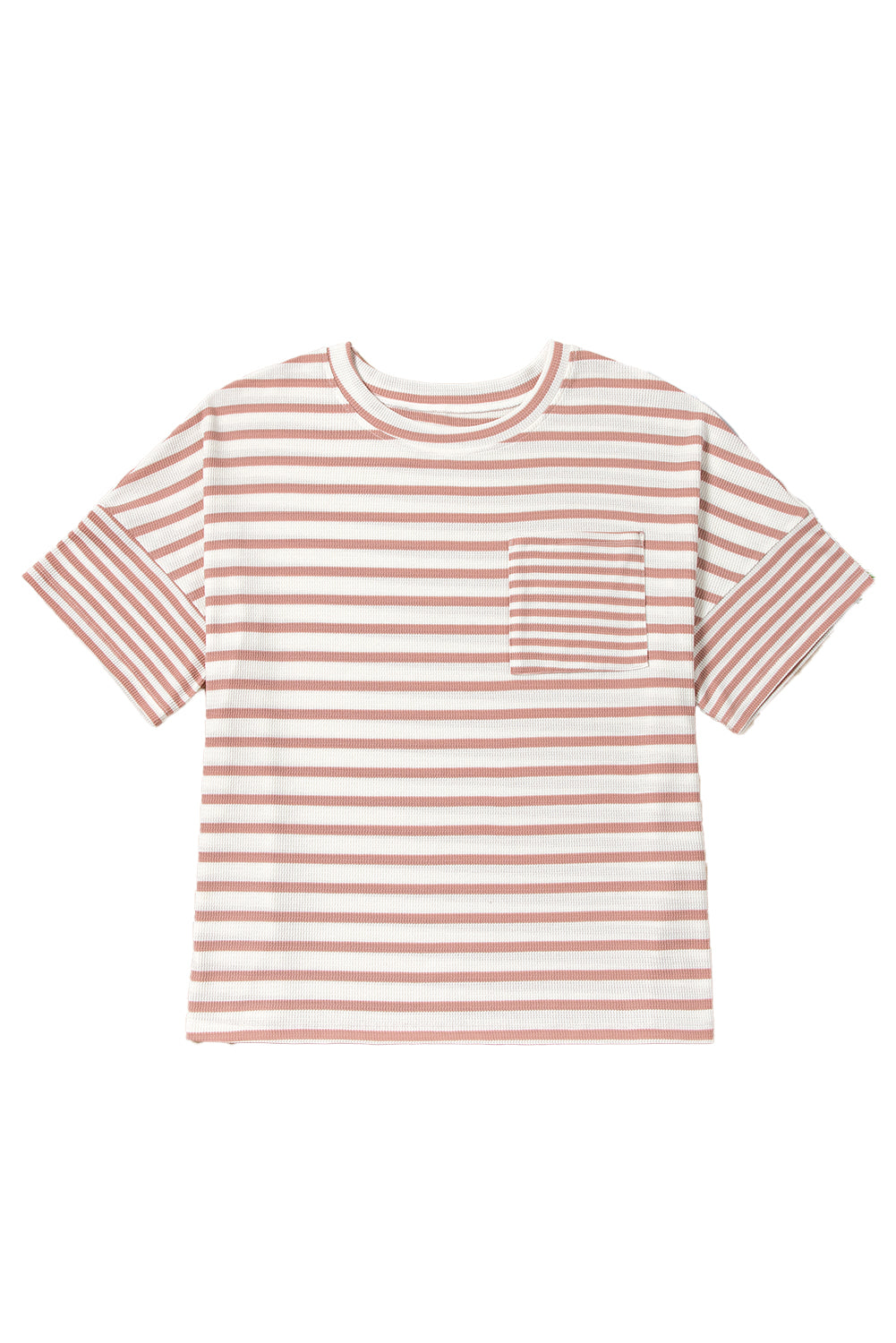 Pink Stripe Waffle Knit Pocketed Half Sleeve Plus Size T Shirt BB Fashion Outlet