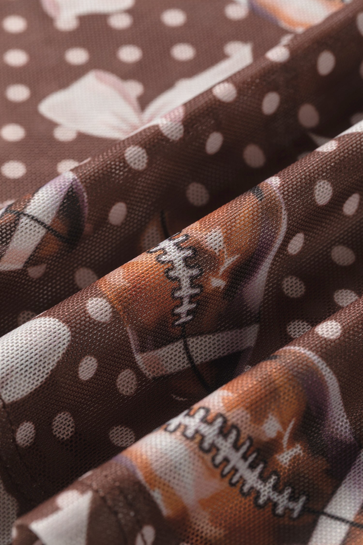 Polka Dot Bow Football Print Long Sleeve Mesh Top – Brown