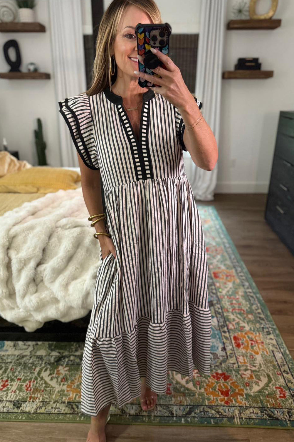 Striped Double Ruffled Short Sleeve Contrast Trim V-Neck Midi Dress