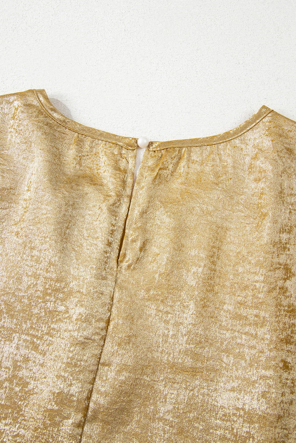 Gold Glossy Round Neck Pleated Detail Short Sleeve Blouse eAura