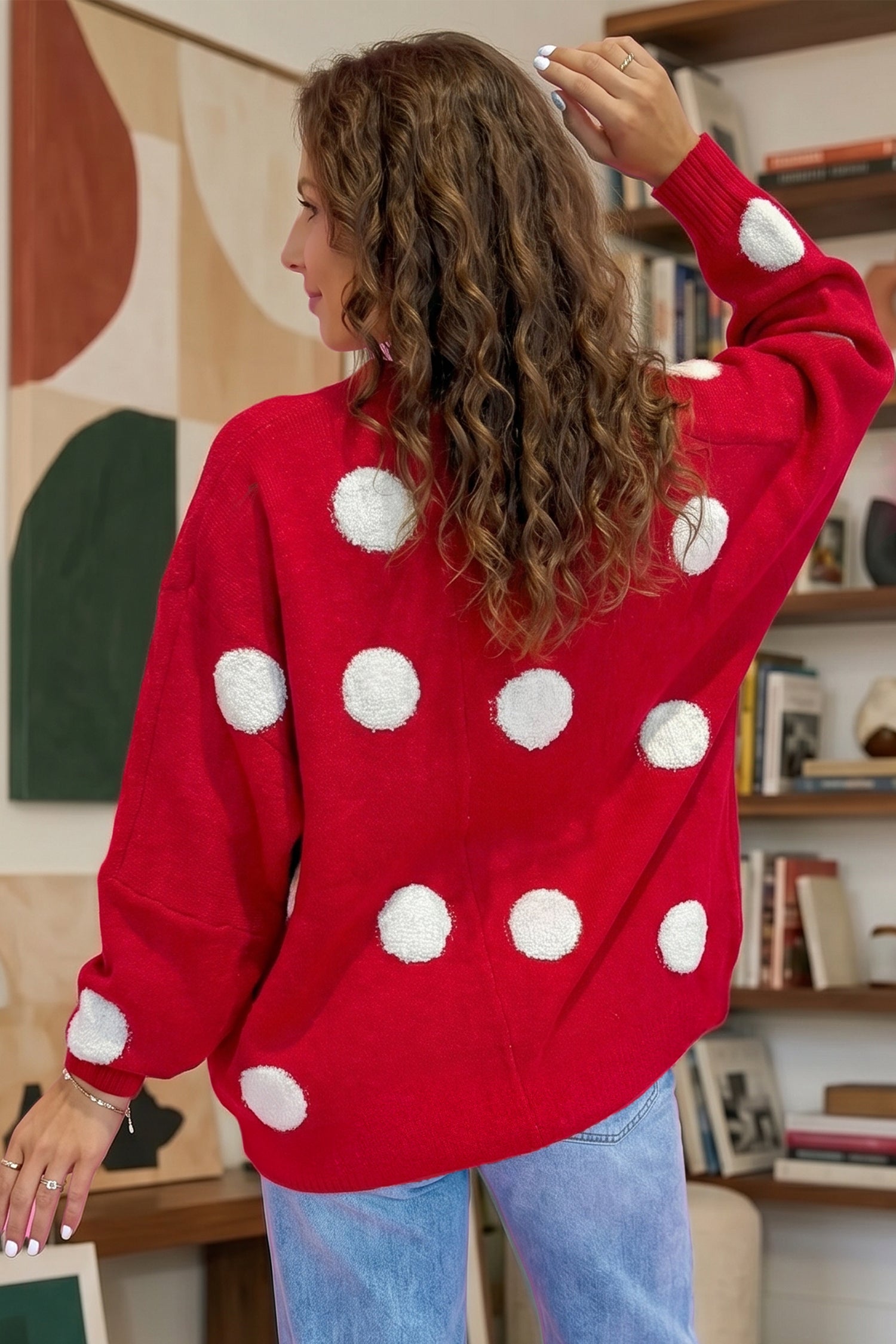 Polka Dot Button Front Oversized V Neck Cardigan – Beige