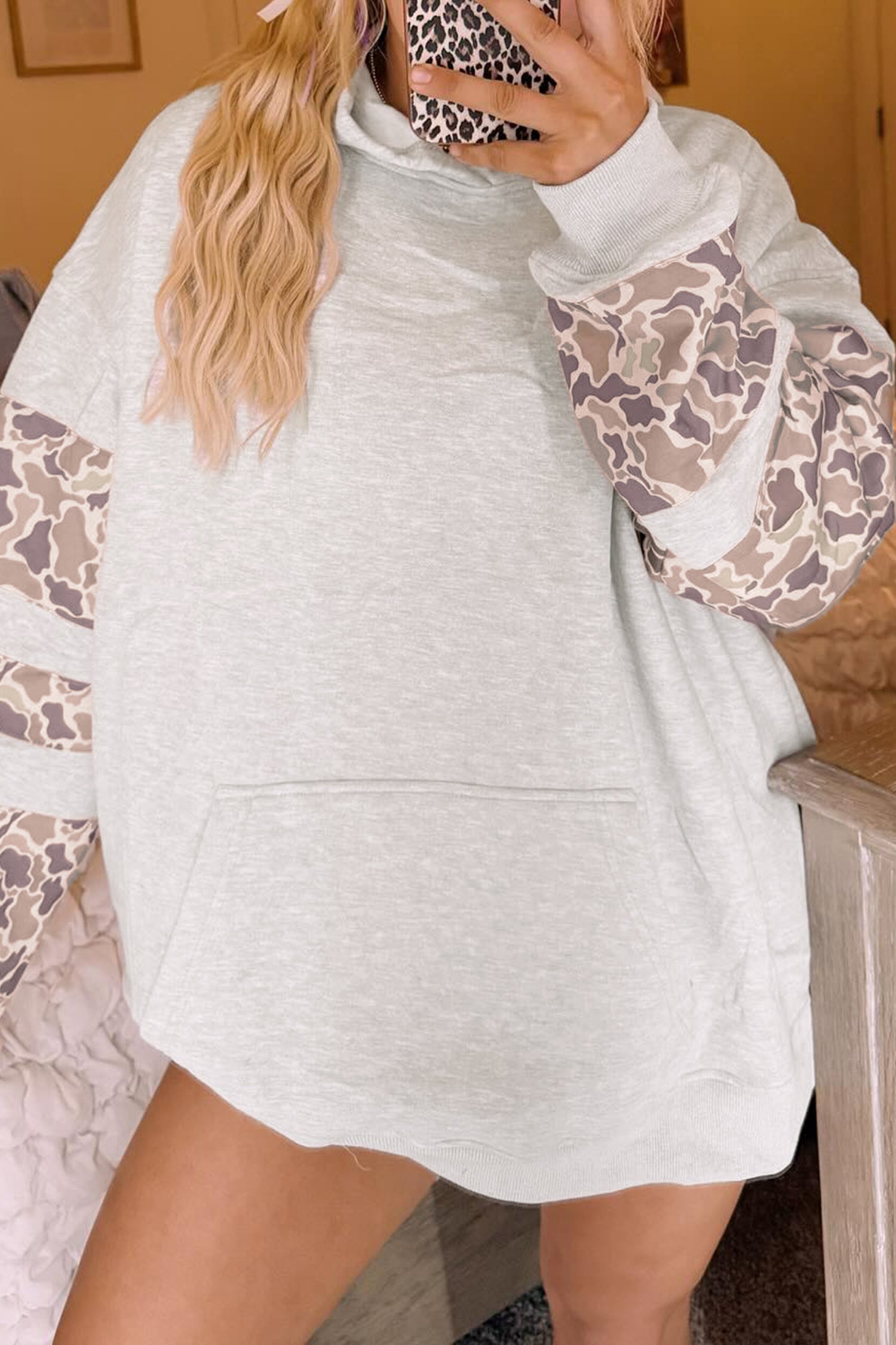Patchwork Camo Long Sleeve Hoodie – Light Grey