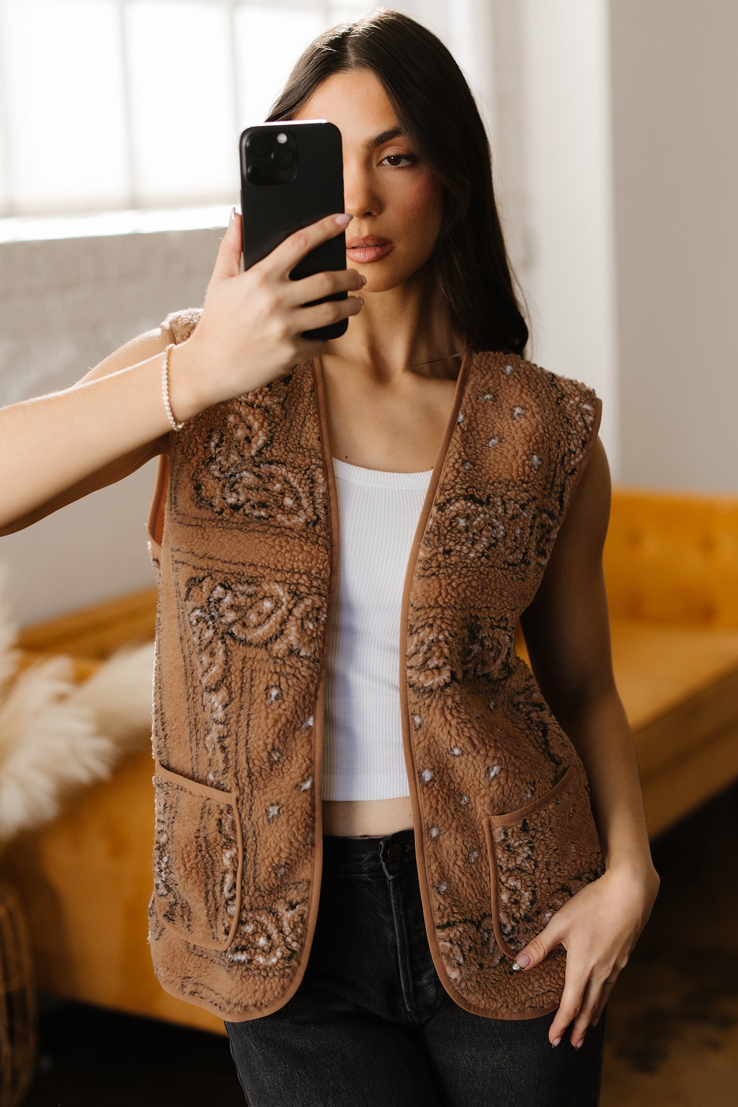 Print Pocketed Western Fashion Vest - Outerwear/Vests