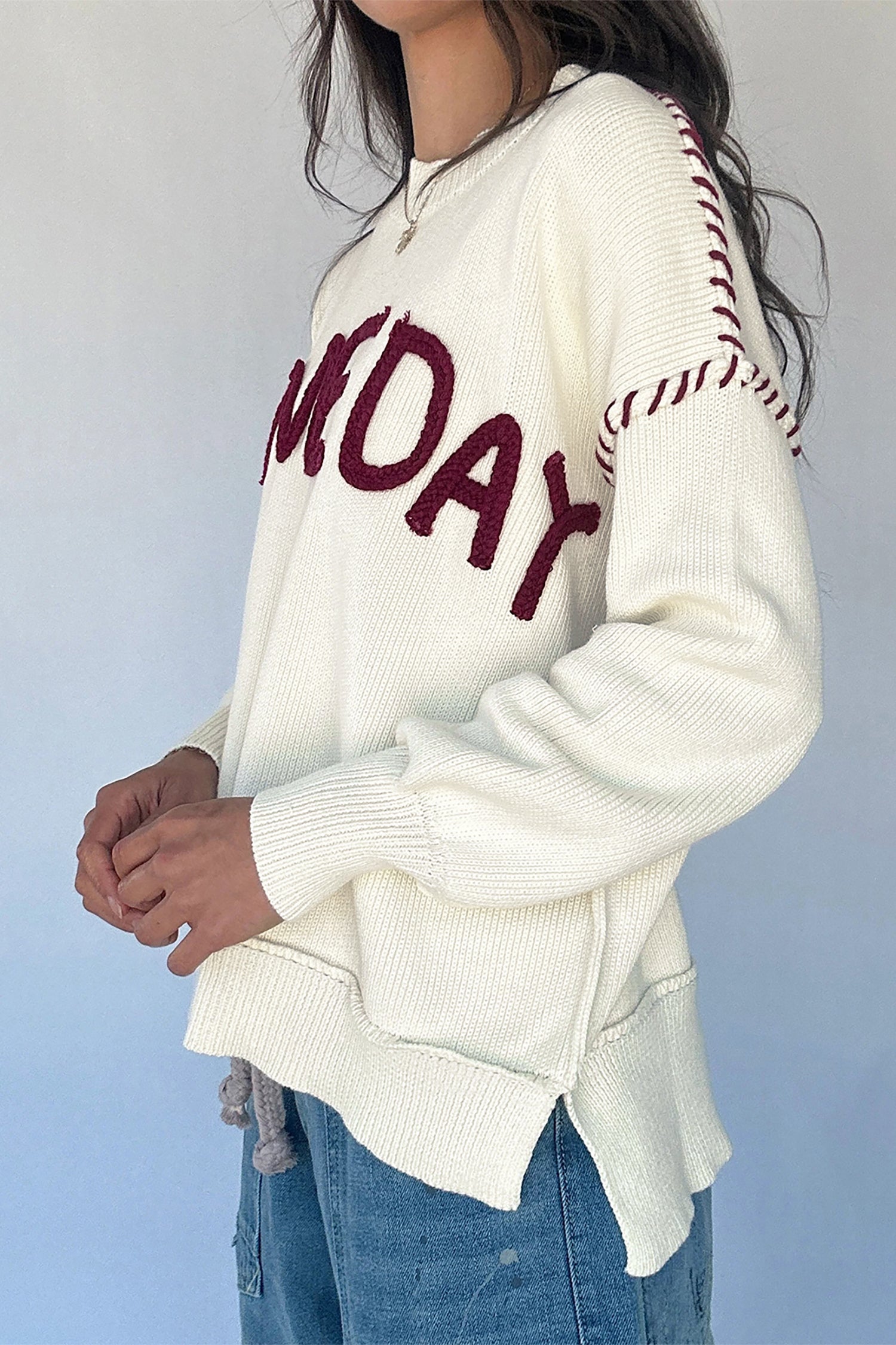 Drop Shoulder Game Day Letter Print Pullover Sweater – Beige