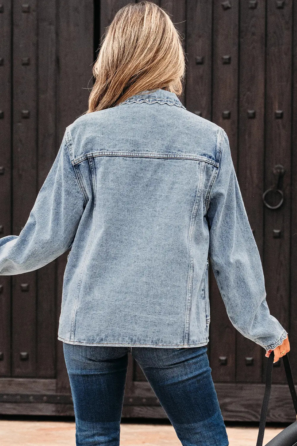 Blue Scallop Trim Collar Patched Pocket Button Up Mineral Washed Denim Jacket