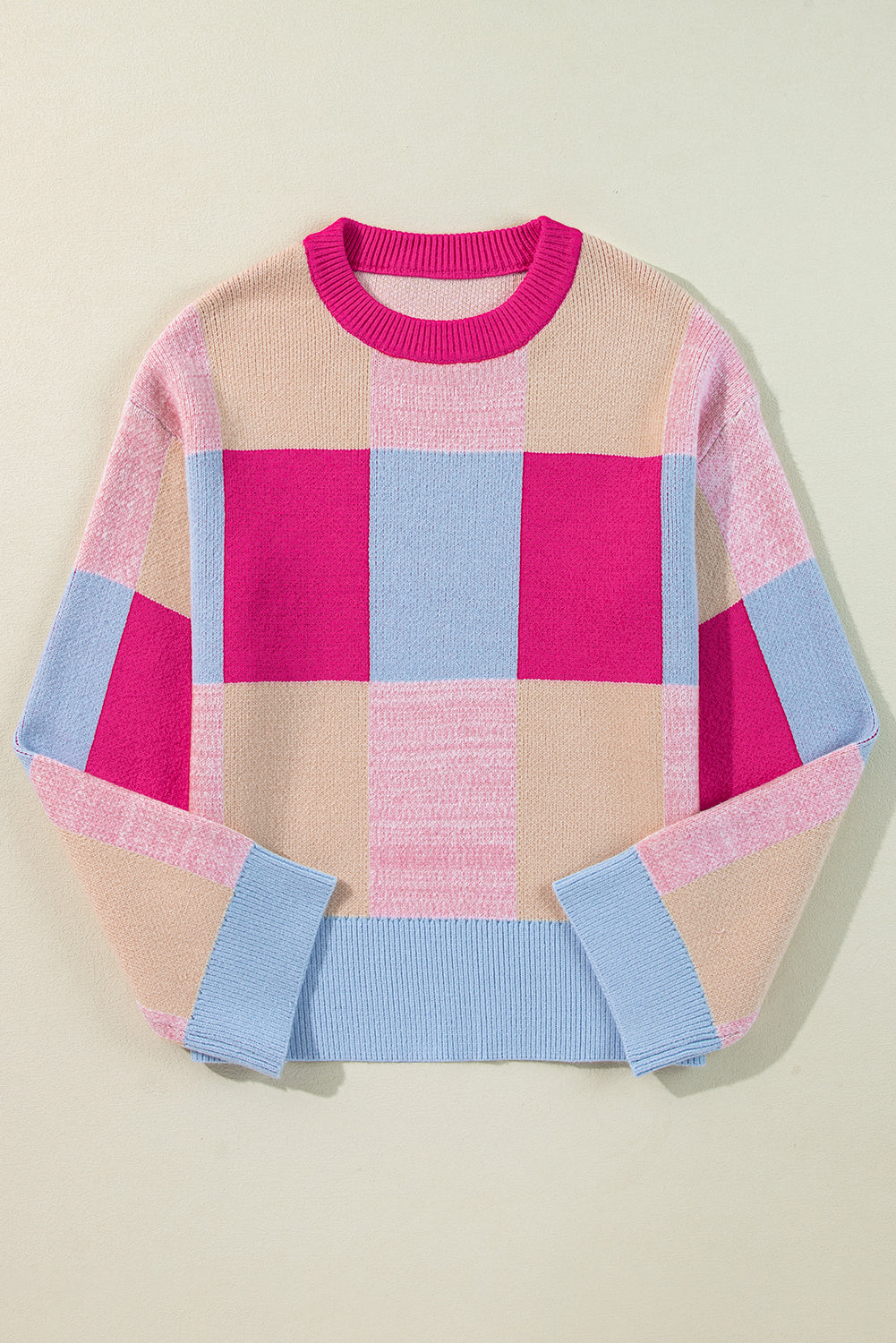 Rose Red Colour Block Drop Shoulder Crewneck Loose Fit Sweater eAura