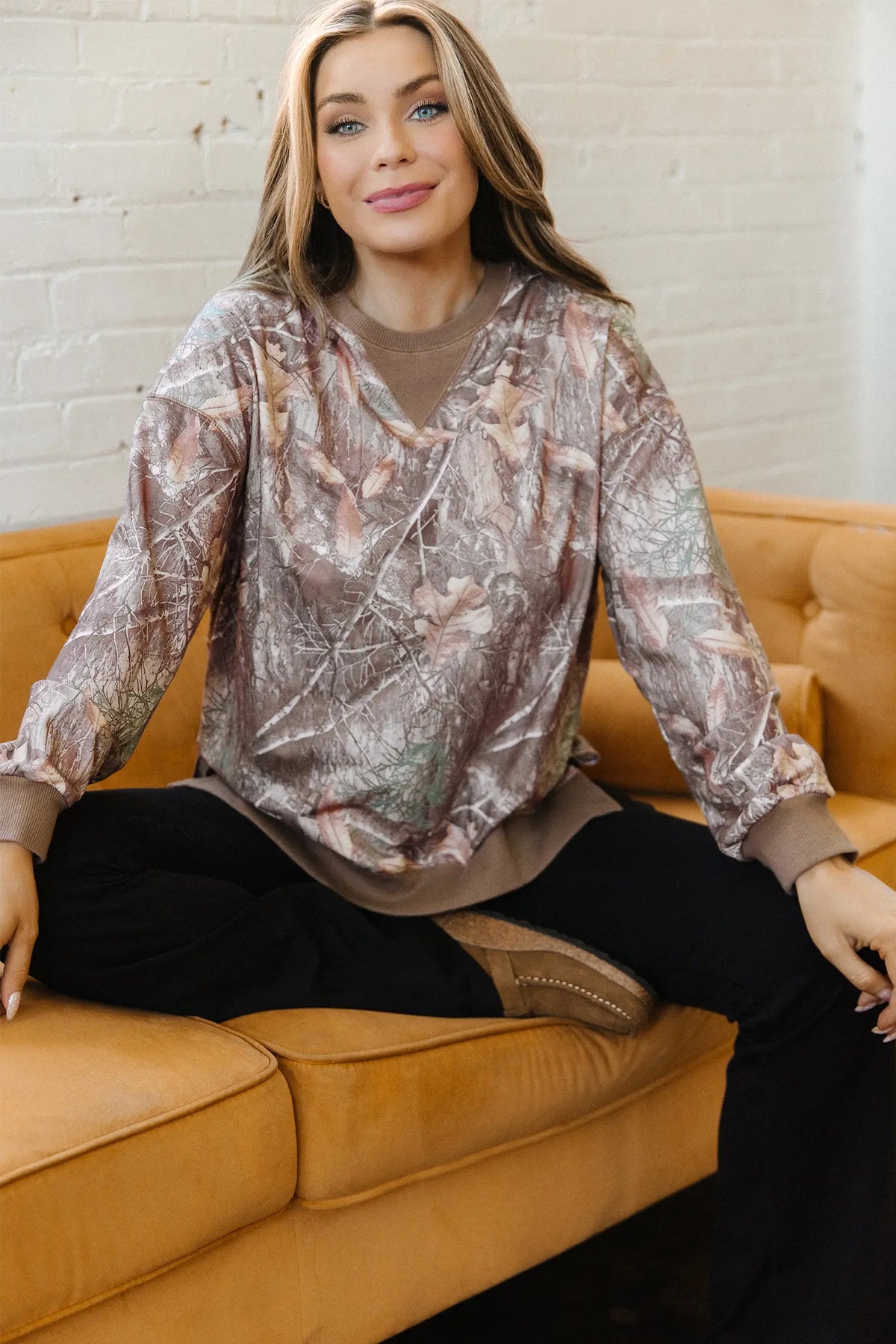 Abstract Camo Print Colour Block Detail Baggy Pullover Sweatshirt – Brown