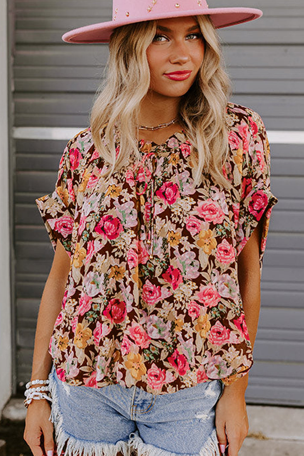 Pink Floral Print Crew Neck Short Sleeve Shift Blouse eAura