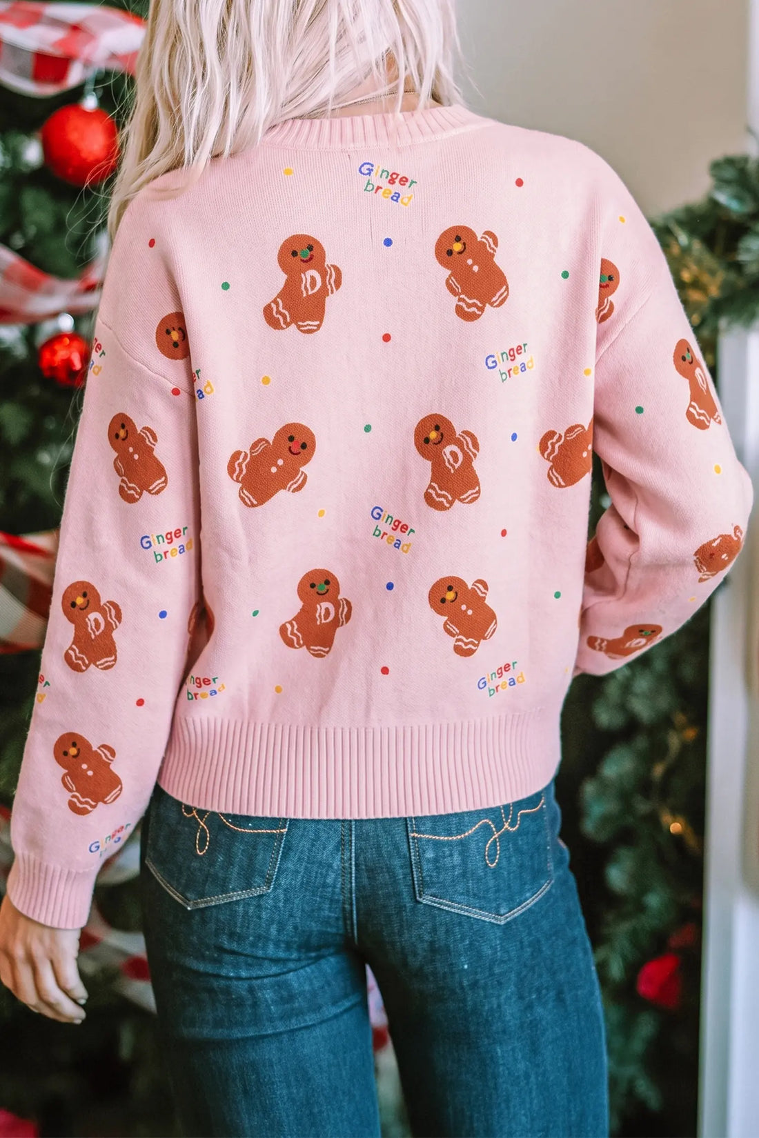 Festive Gingerbread Pattern Long Sleeve Round Neck Sweater