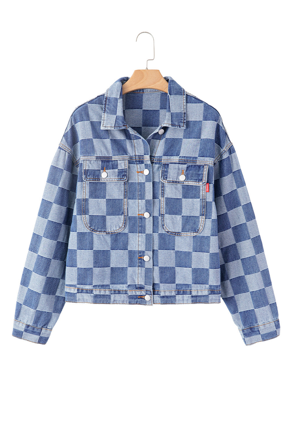 Light Blue Checkered Patchwork Button up Denim Jacket Beagle Boutique Fashion Outlet