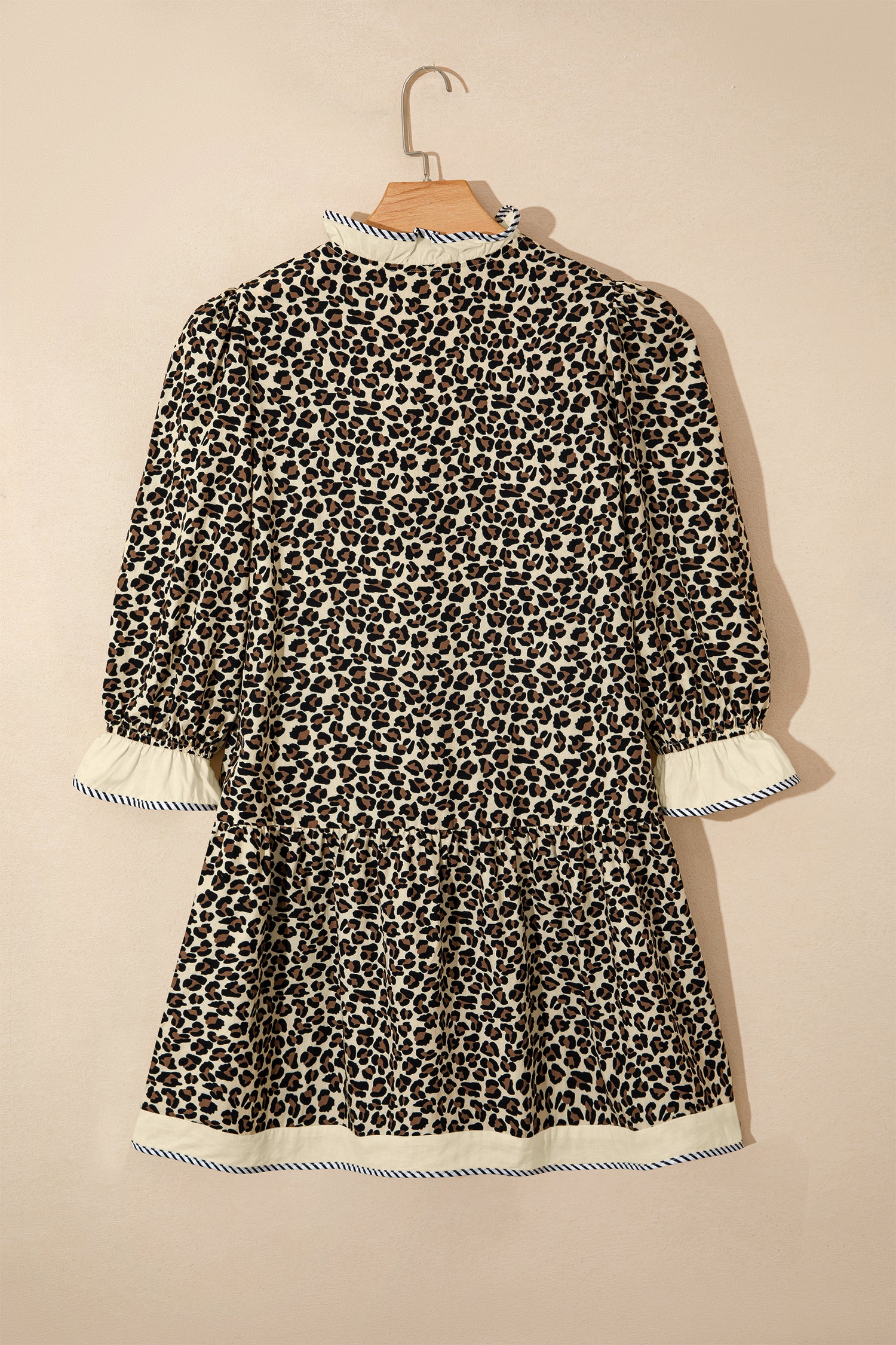 Leopard Print Colour Block Trim V-Neck Bracelet Sleeve Mini Dress