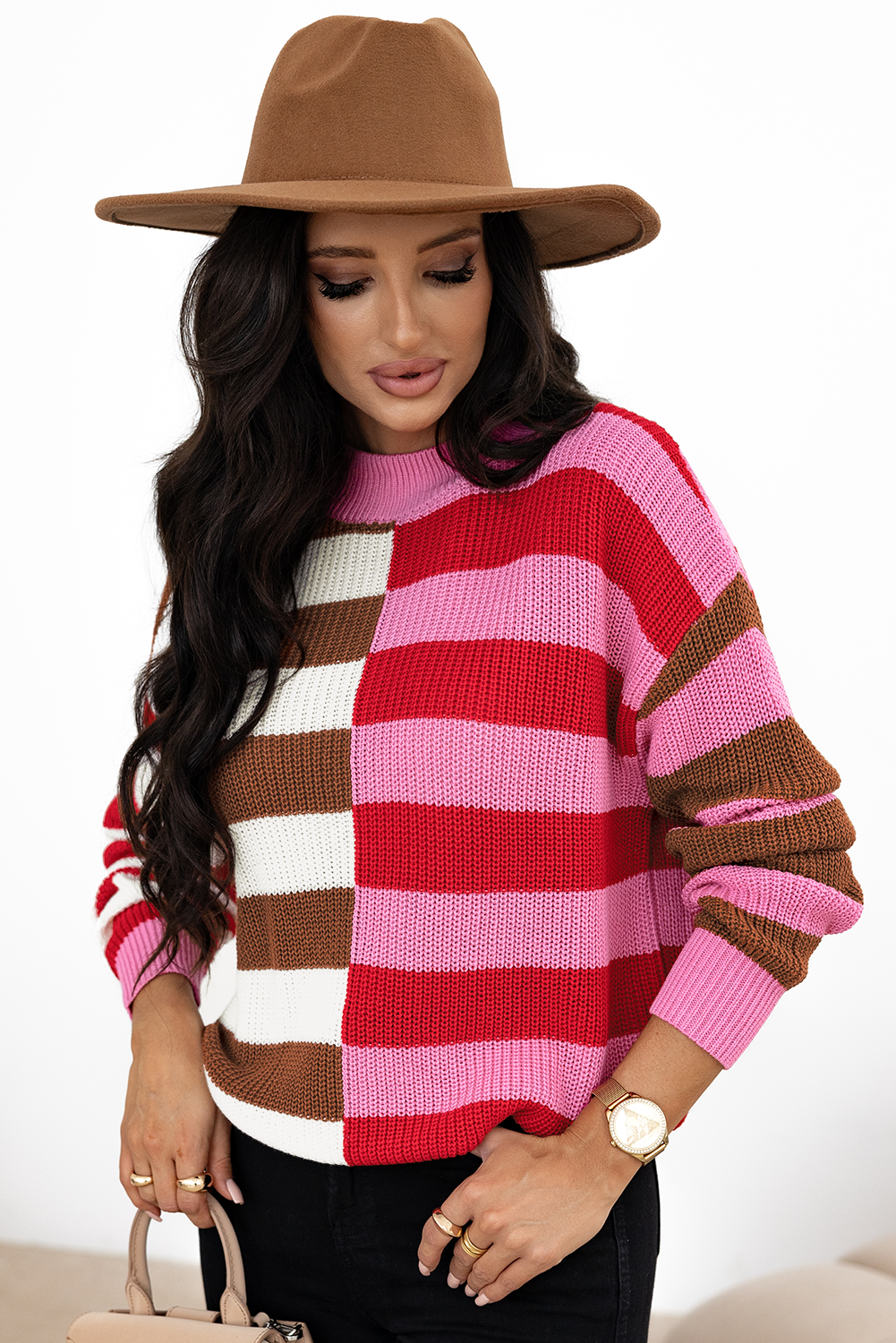 Pink Stripe Colour Block High Neck Drop Shoulder Loose Sweater eAura