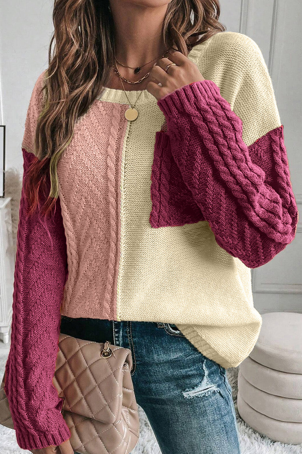 Rose Tan Colourblock Patched Pocket Drop Shoulder Sweater eAura