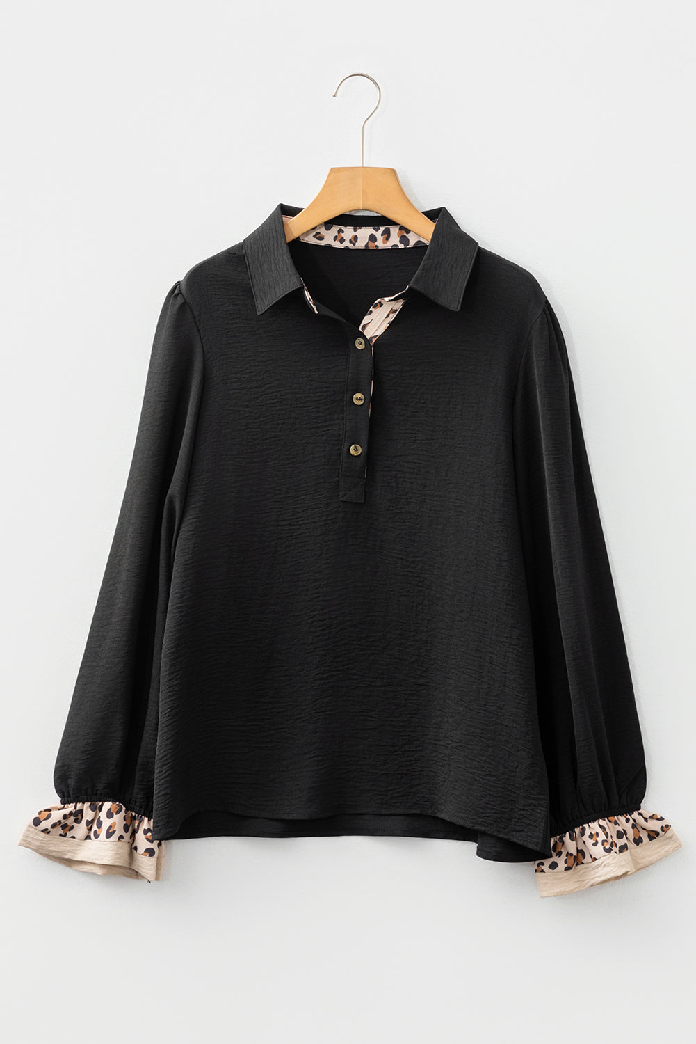 Contrast Leopard Print Polo Collar Buttons Front Ruffled Long Sleeve Blouse - eAura
