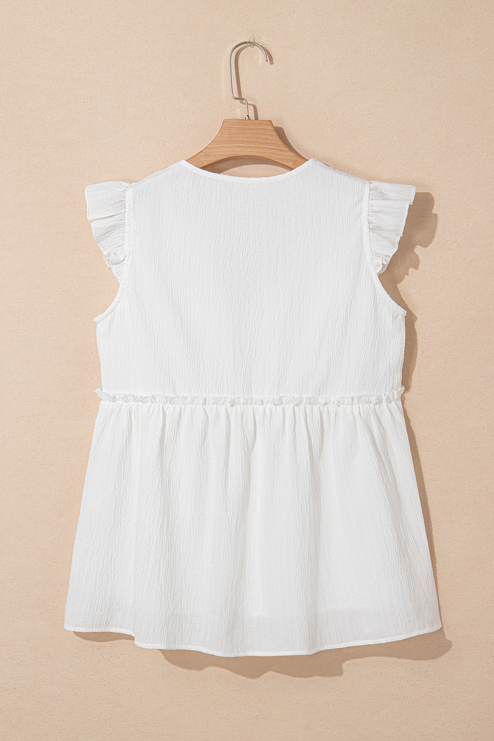 White Textured Ruffled Trim V Neck Flutter Flowy Top eAura