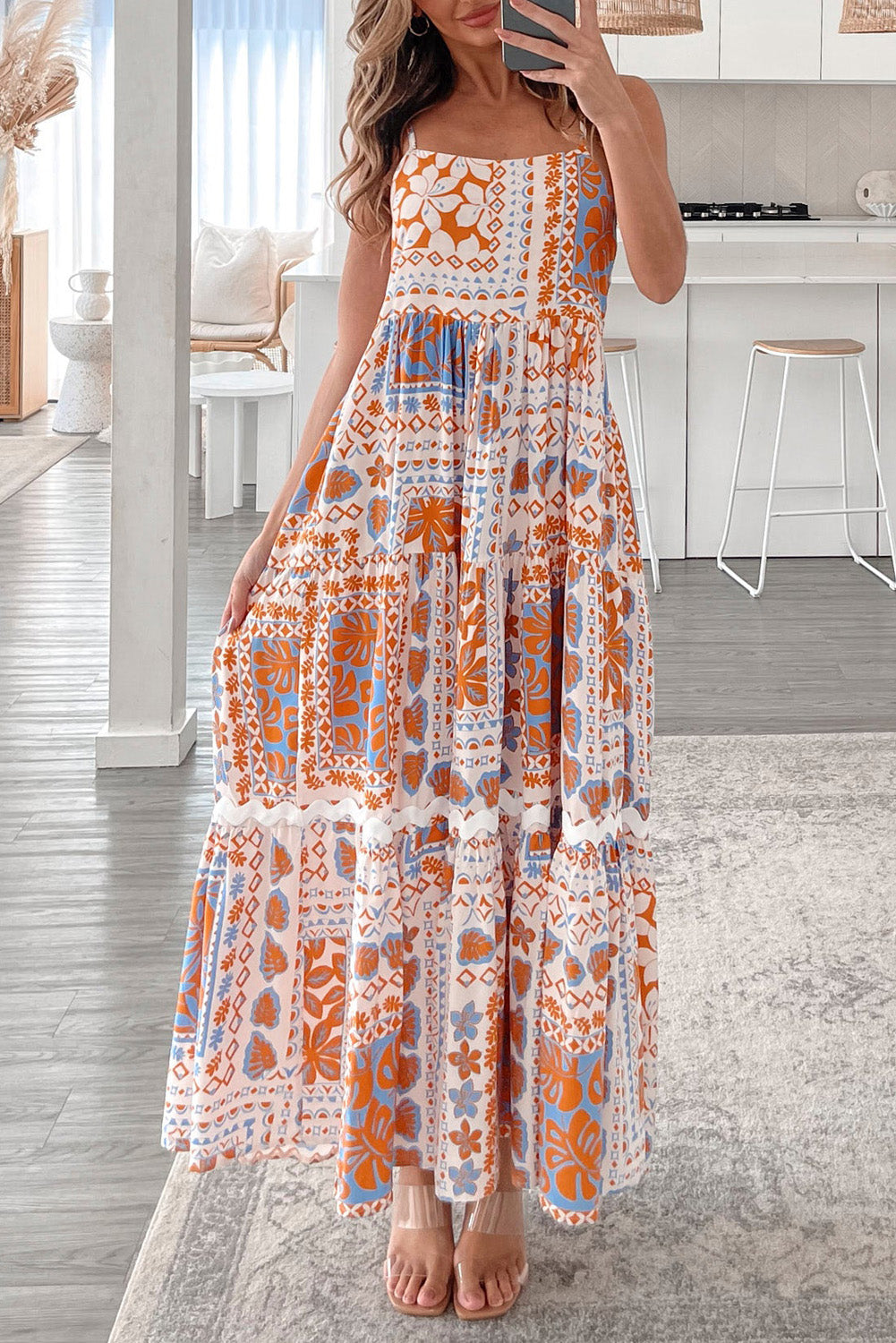 Orange Multi Printed Ricrac Trim Spaghetti Straps Maxi Dress eAura