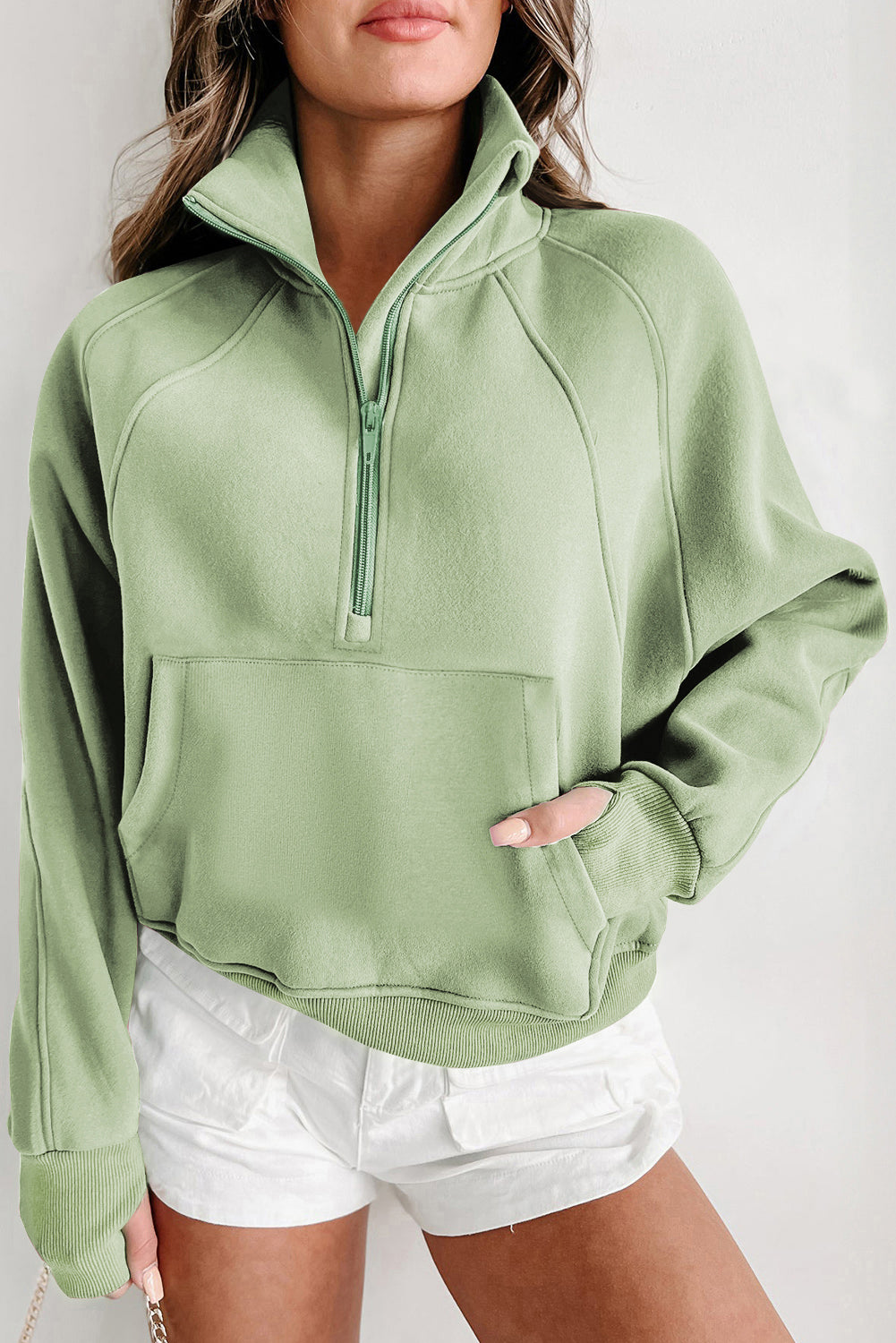 Smoke Green Fleece Lined Zip Up Stand Collar Thumbhole Sleeve Sweatshirt eAura