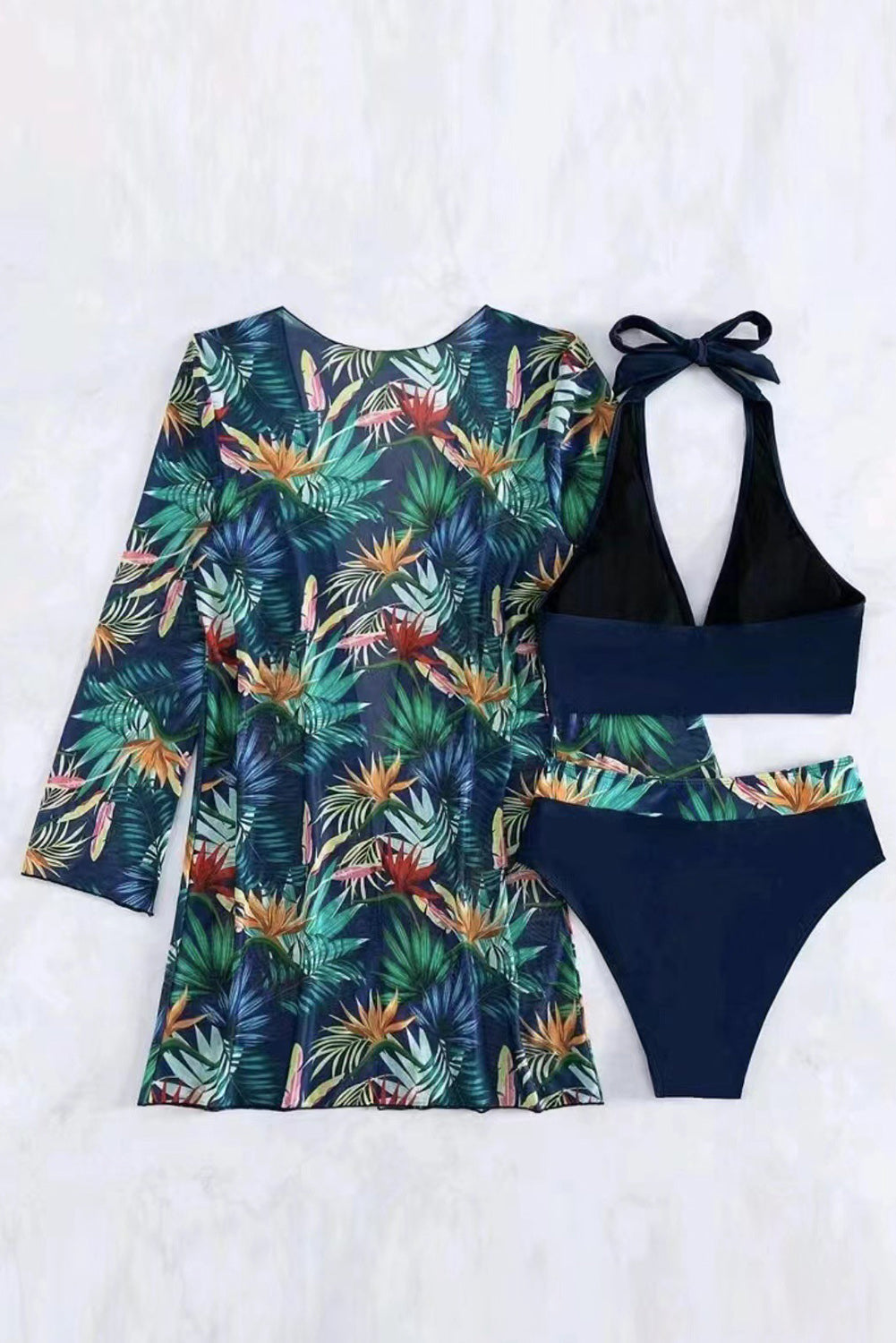 3pcs Tropical Contrast Trim Halter Bikini Set with Cover up eAura