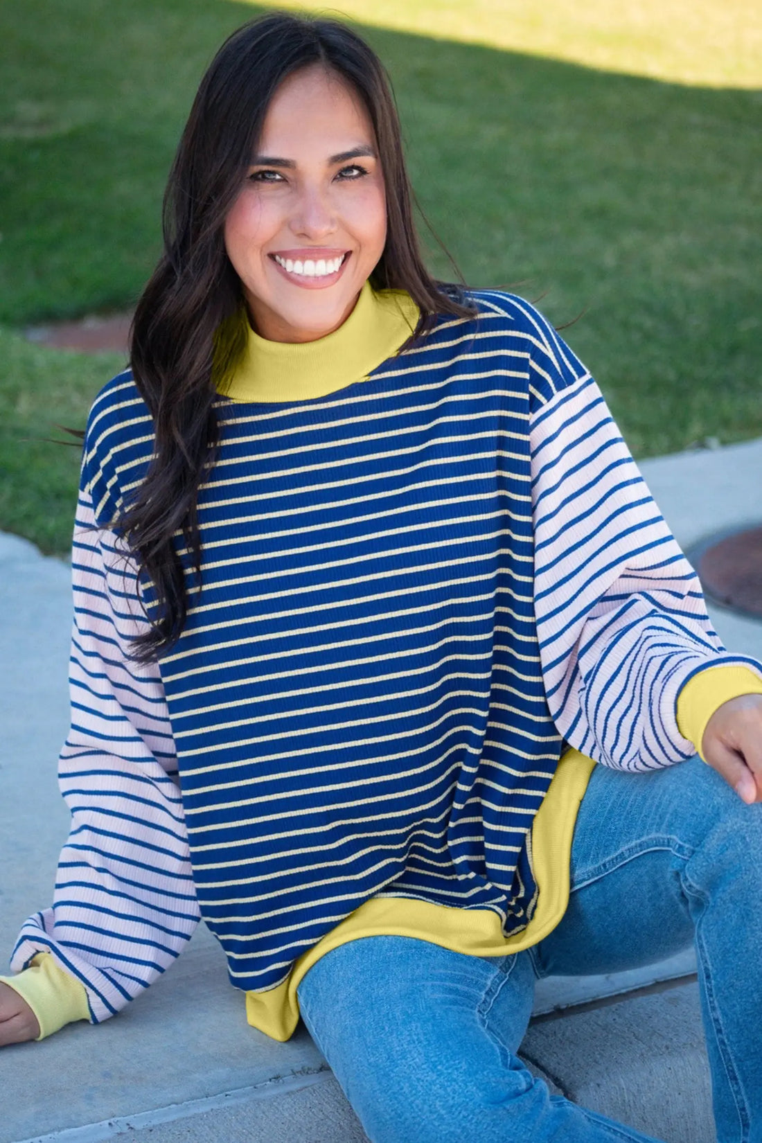 Contrast Long Sleeve Crew Neck Pullover Top – Blue Stripe