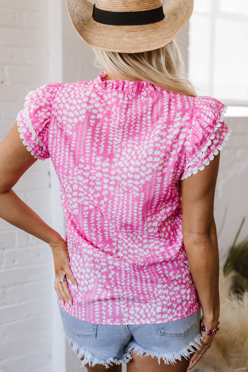 Pink Abstract Print Ric Rac Trim Flutter Sleeve Notch V Neck Blouse eAura