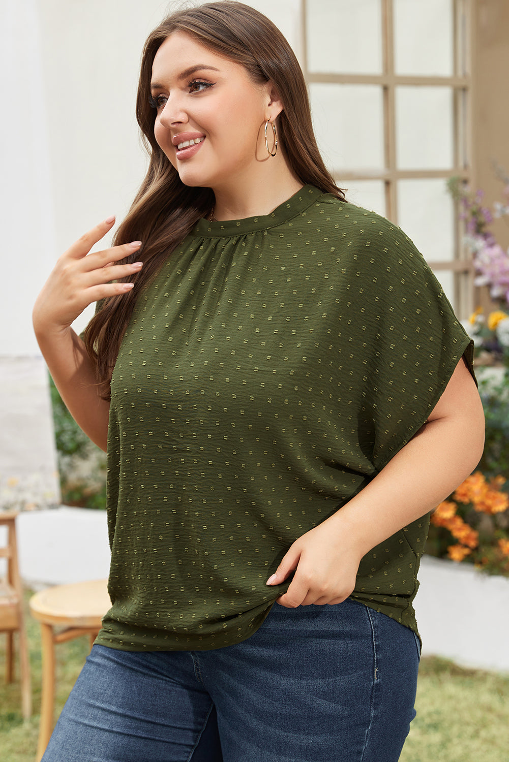 Moss Green Plus Size Swiss Dot Mock Neck Tied Nape Top BB Fashion Outlet