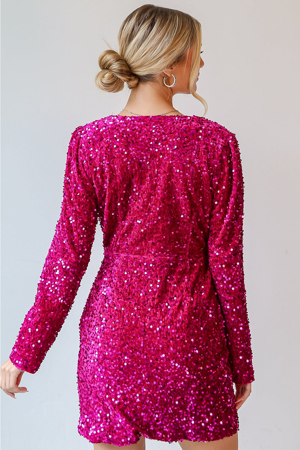 Sequin Long Sleeve V-Neck Wrapped Mini Dress - eAura